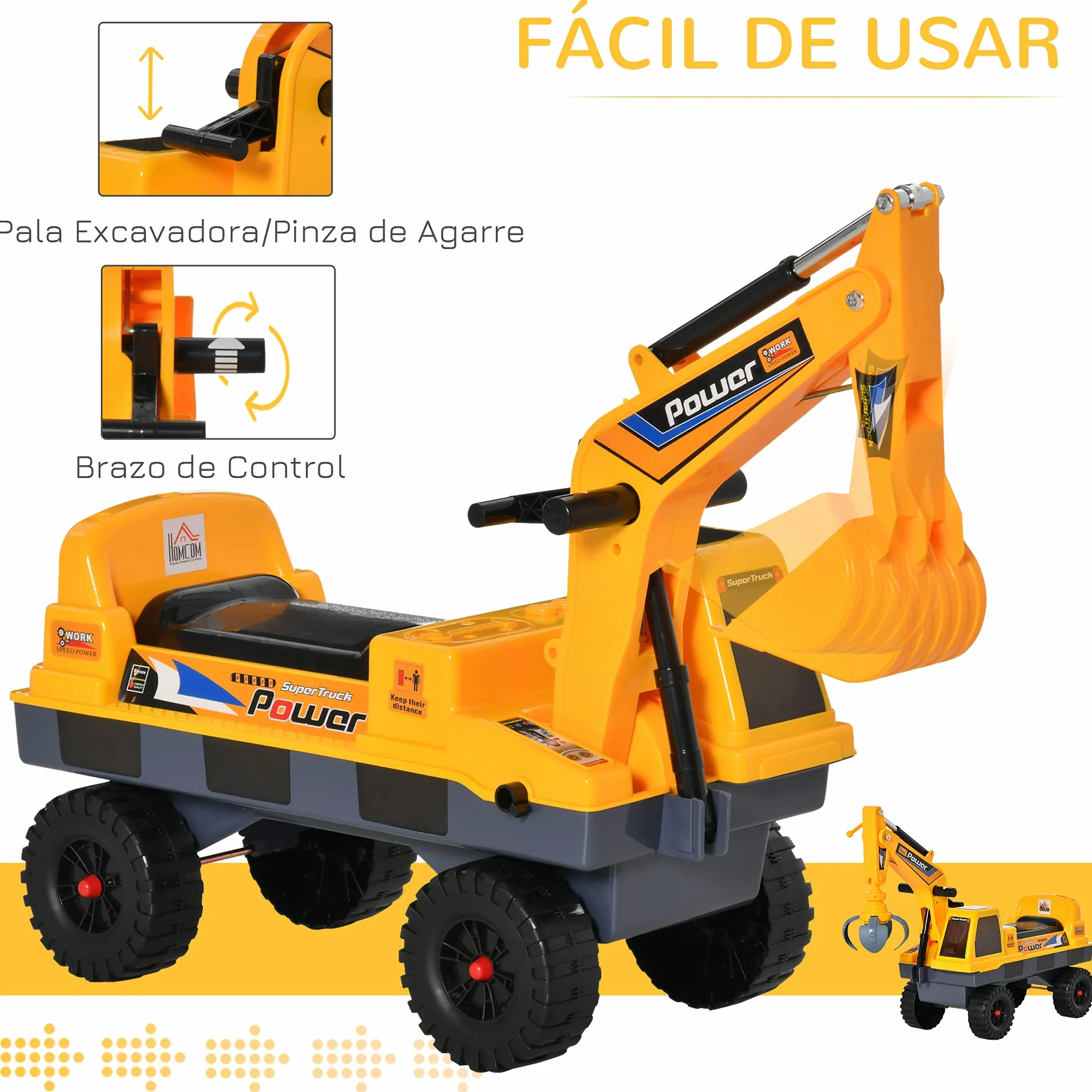 HOMCOM Tractor sin Pedales para Niños Excavadora Correpasillos con Pala Delantera Luces Música 90x28x58 cm Amarillo