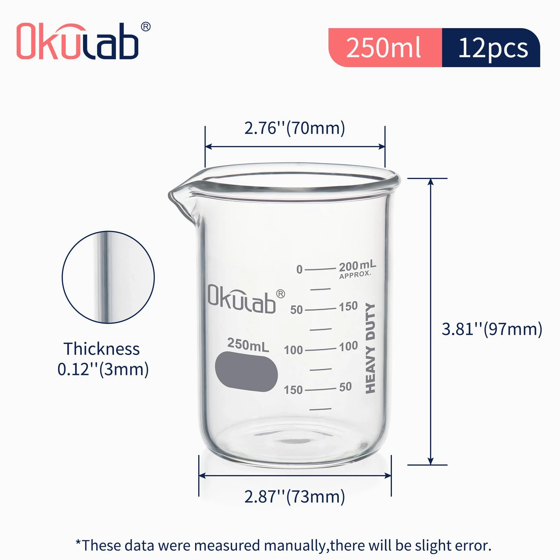 Vasos de precipitados de cristal, resistentes, con graduación impresa a doble escala. 12 piezas de vol.250 ml, HBKG250C12