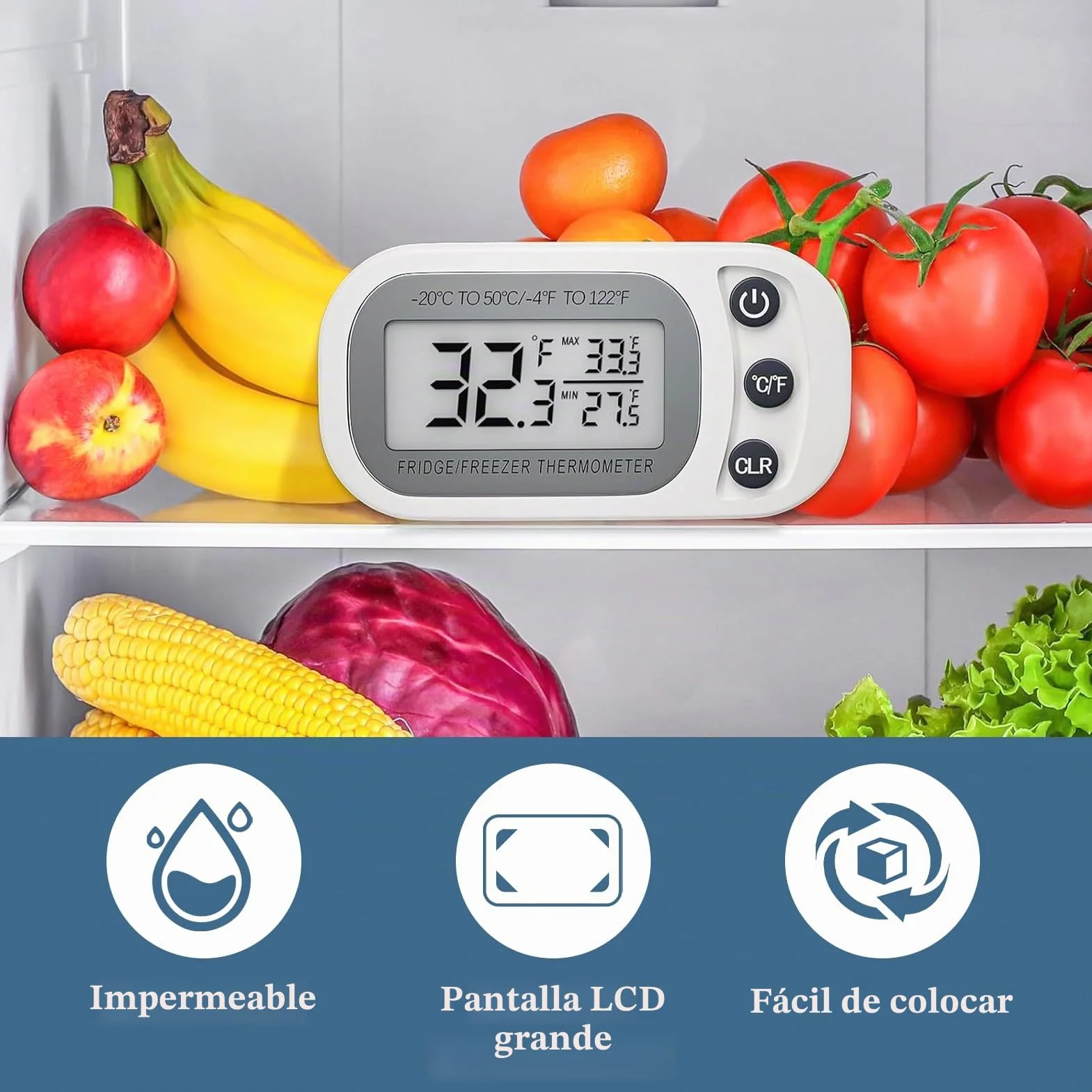 Termómetro Frigorífico Digital para Nevera y Congelador, Pantalla LCD Grande Impermeable, Memoria Máx/Mín, 2 Piezas
