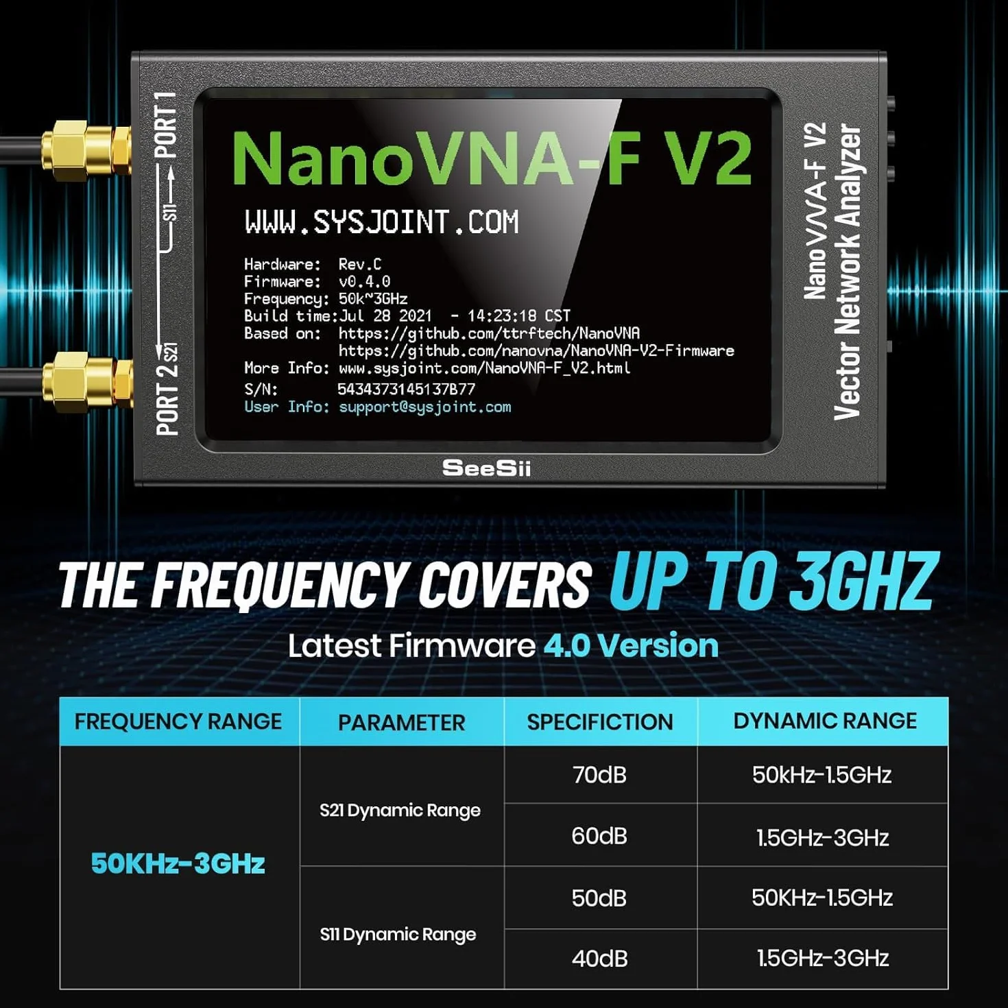 Seesii Analizador de Red Vectorial NanoVNA-F V2, Analizador de Antena Actualizado 50kHz-3000MHz HF/VHF/UHF/VNA con 4,3'' Pantalla para, Medición de S-Parameter, Voltaje SWR, Fase, Retardo, Smith Chart