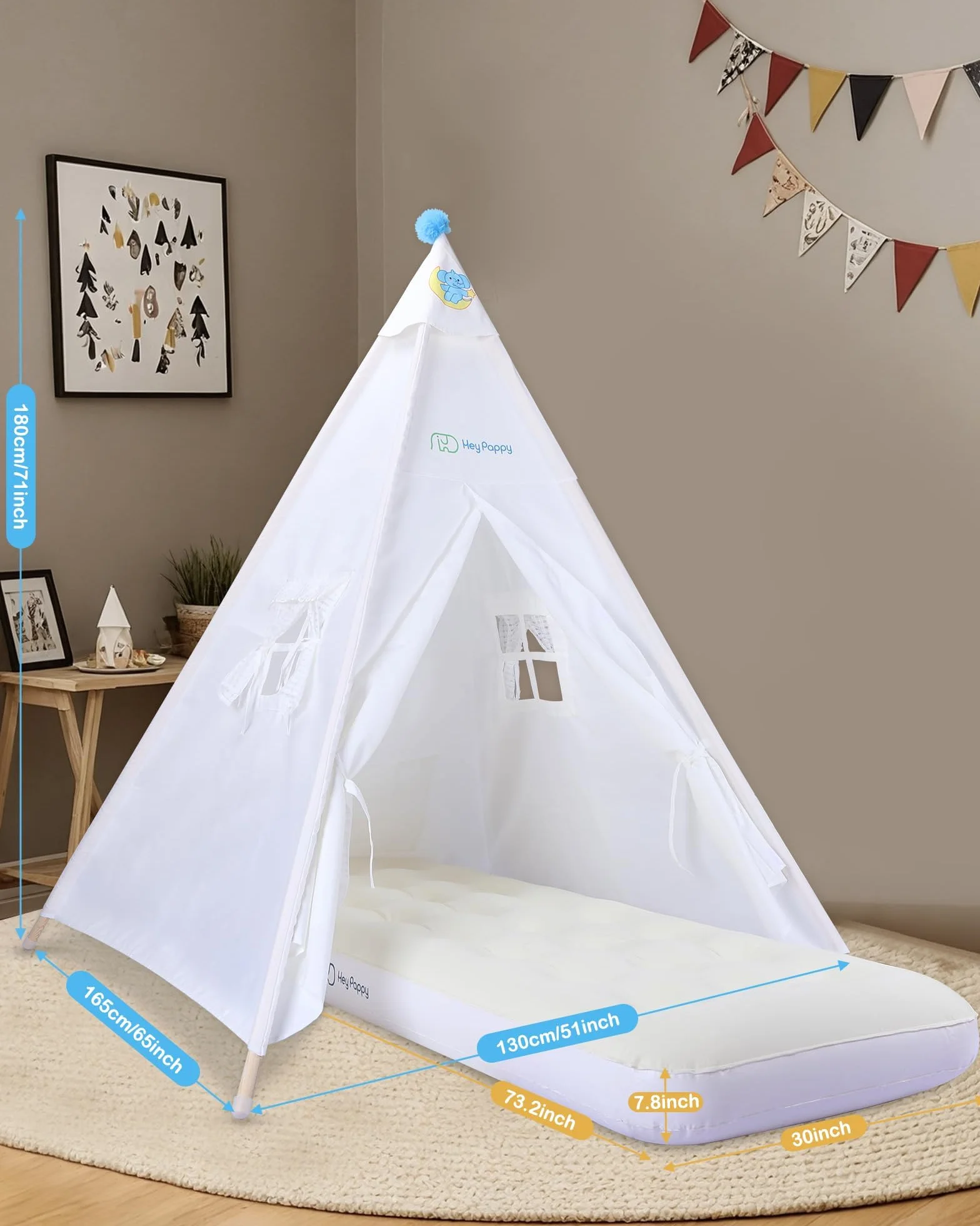 Tipi Infantil Tienda Campaña con Colchón Inflable Luces Globos Bomba Lavable Fiesta Pijamas Interior Exterior Niños Niñas Casa Juego Dormir