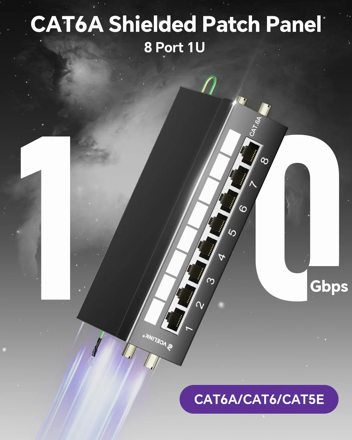 VCELINK Panel de conexiones CAT6A de 8 puertos blindado 10 Gbit/s RJ45 para montaje en rack
