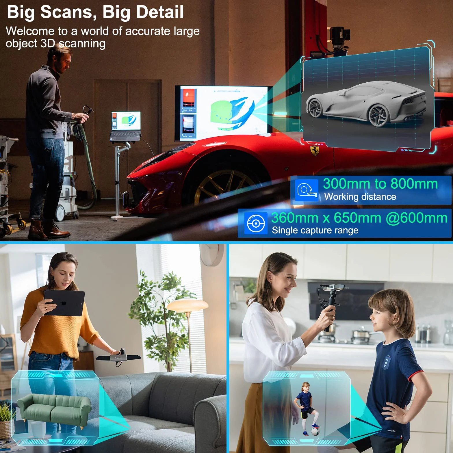 Revopoint RANGE Escáner 3D, Precisión 0,1mm, Velocidad 18 fps, Área 360 mm x 650 mm Para Objetos Grandes, Ingeniería Inversa, Impresoras 3D