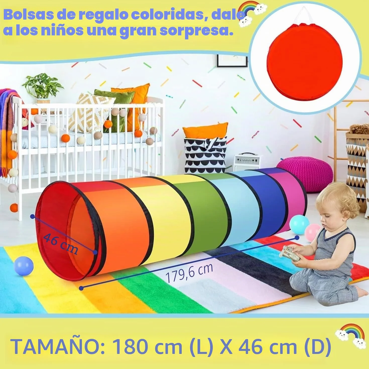 Tienda de Campaña con Túnel para Niños 180CM 46CM Apertura Redonda Colorido Emergente para Bebés Niñas Mascotas