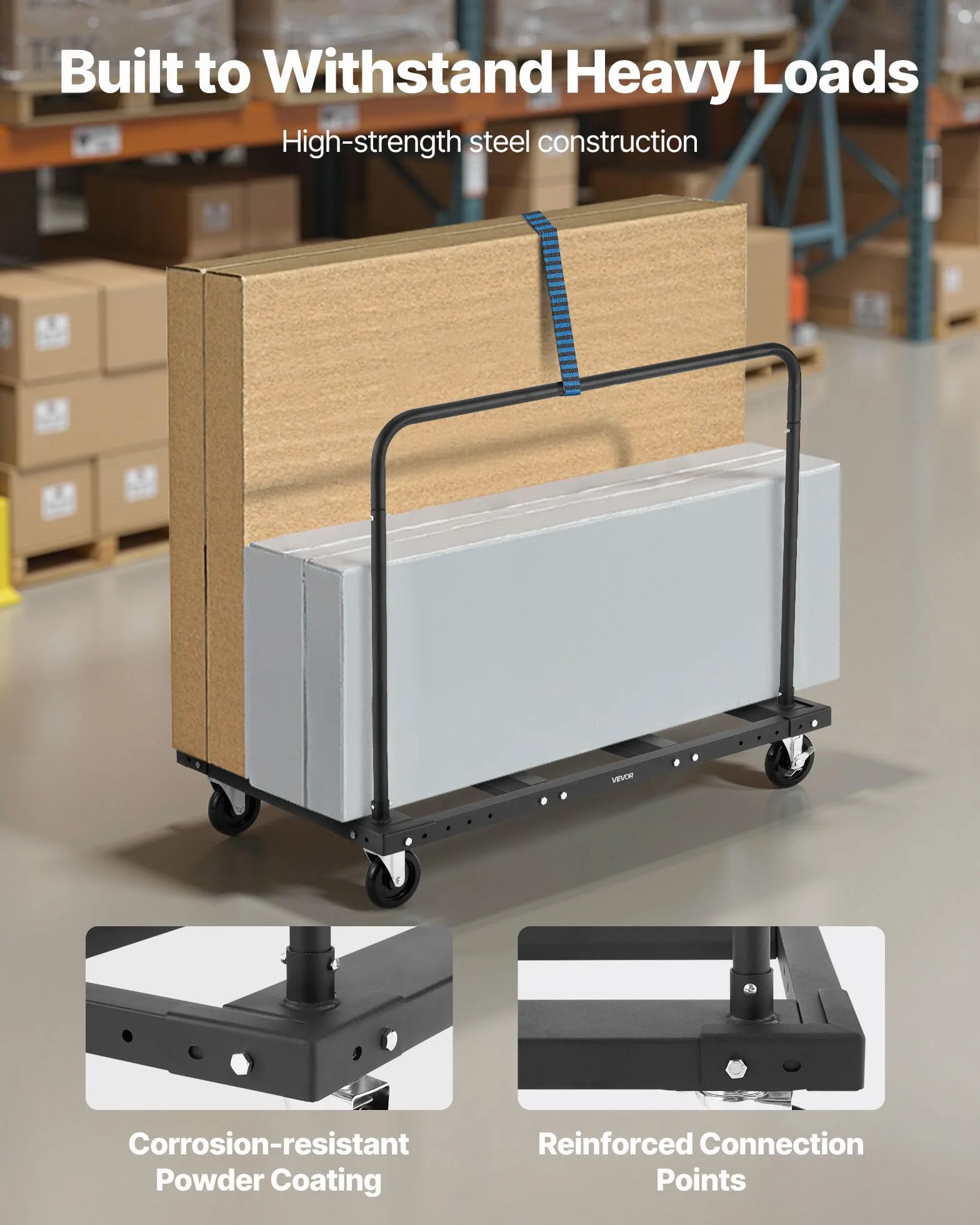 VEVOR Carro de Transporte, Carga 816 kg, con Ruedas Giratorias 12,5 mm, Rodillo para Placas, Abrazadera para Tubos con Correa de Amarre y 2 Pasamanos Laterales, para Almacenes y Garajes, Negro
