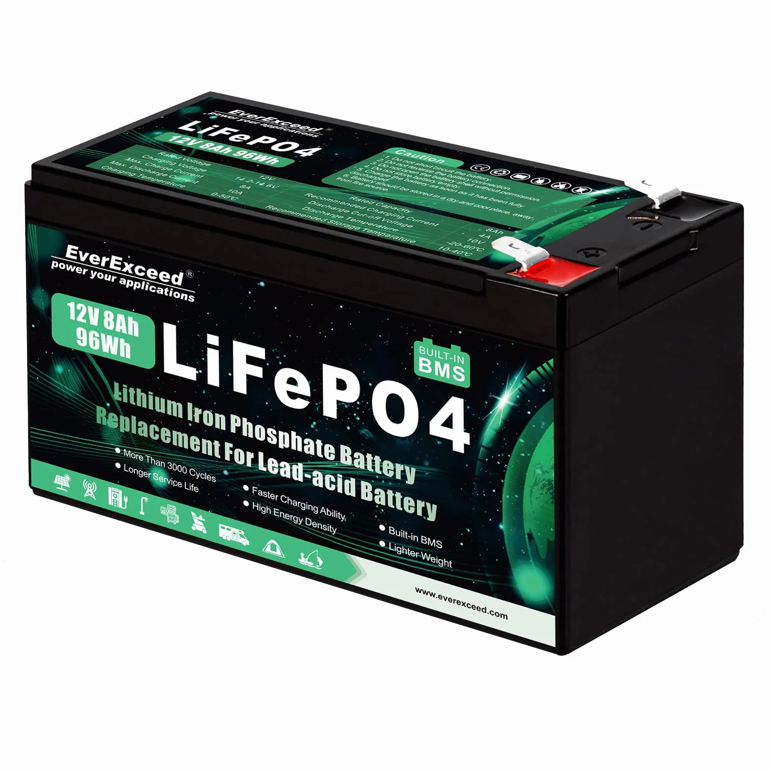 Batería LiFePO4 12V 8Ah BMS 3000 Ciclos Profundos Litio Solar Eólica Iluminación