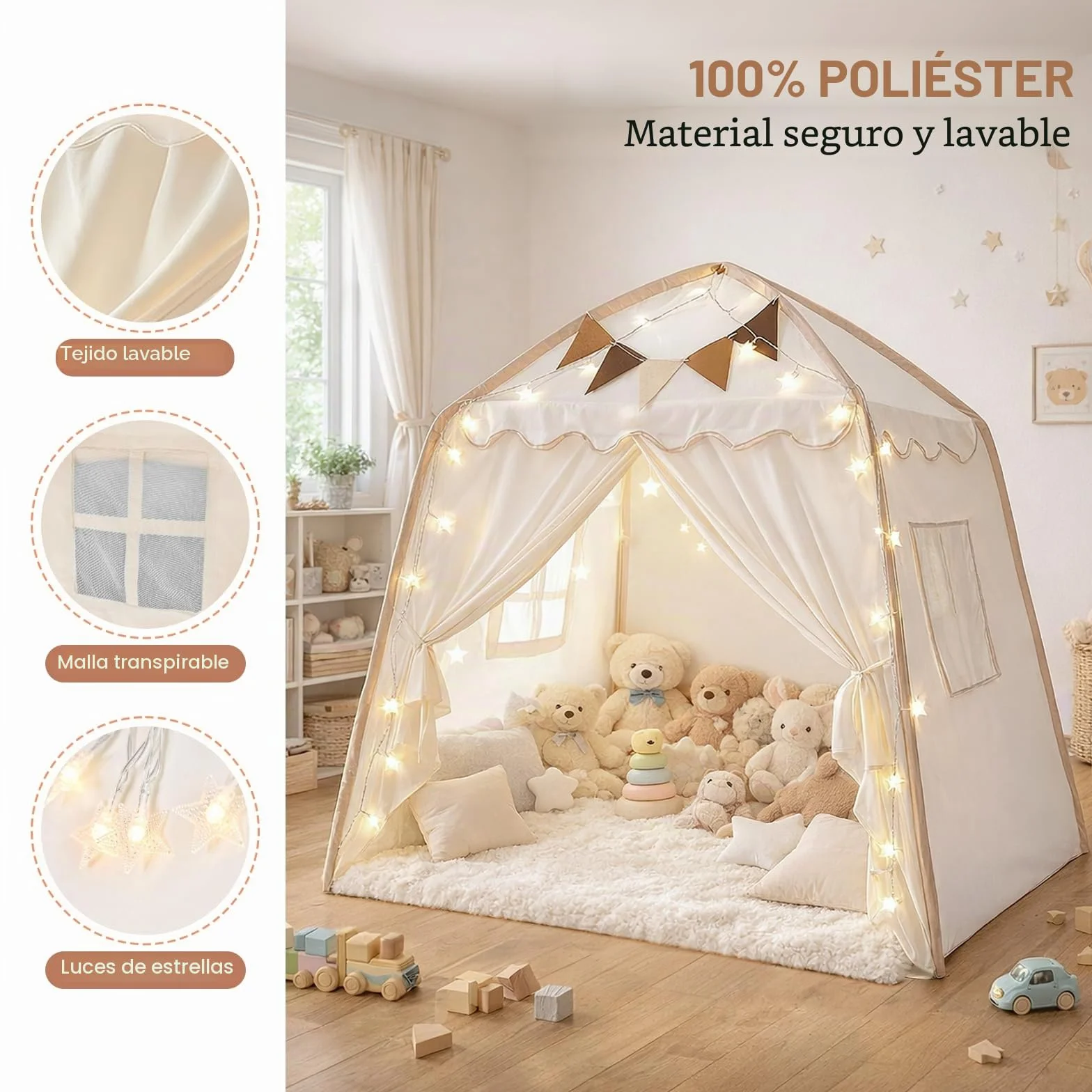 Tienda Campaña Infantil Tipi Cabañas para Niños con Luces y Banderas Casa de Juegos Carpa de Princesa Grande Regalo con Ventanas