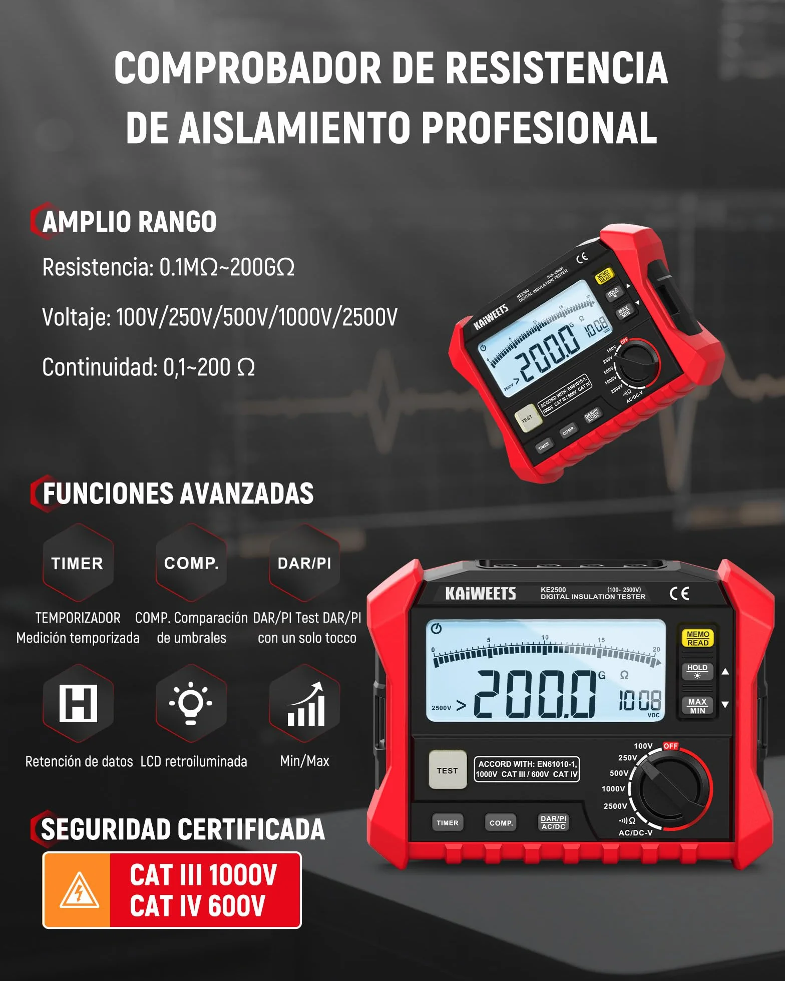 KAIWEETS Comprobador de Resistencia de Aislamiento, Hasta 200 GΩ, Megóhmetro Profesional, 5 Rangos 100 V/250 V/500 V/1000 V/2500 V, DAR/PI con Un Solo Toque, Máx./Mín., Mide Resistencia y Voltaje
