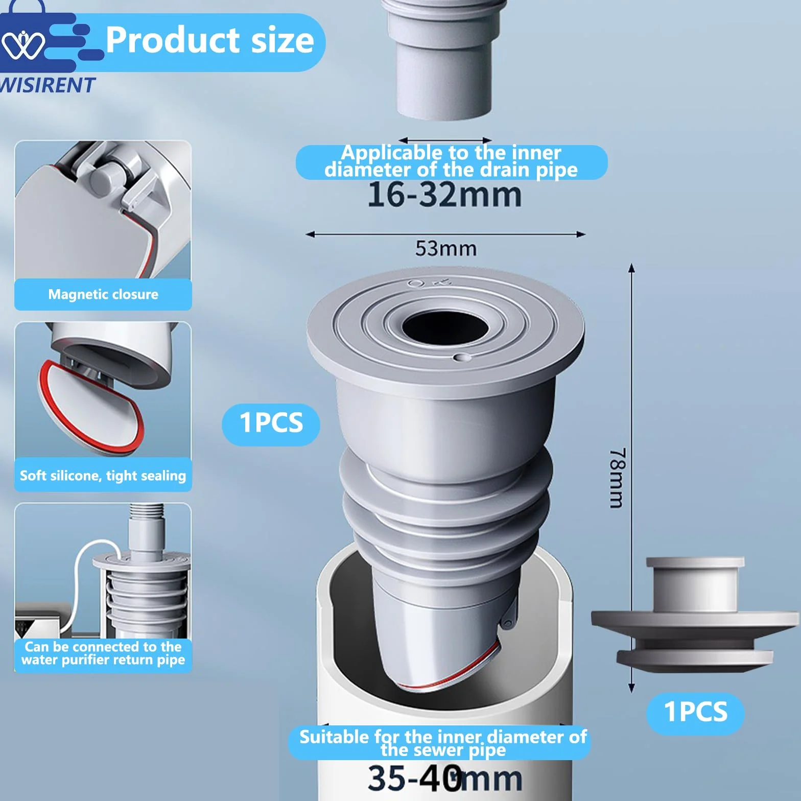 Sello de Tubería de Lavadora WISIRENT 35-40mm Gris Silicona Desodorante