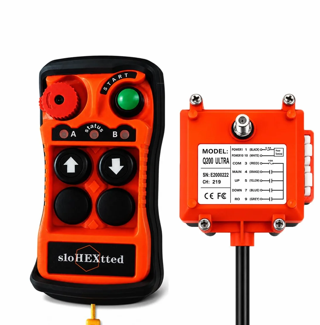 Control remoto industrial inalámbrico de 2 botones para grúa y polipasto eléctrico 12-24V | Mando radio para polipasto eléctrico de cadena y puente grúa, emisor y receptor con botón de parada de emergencia.
