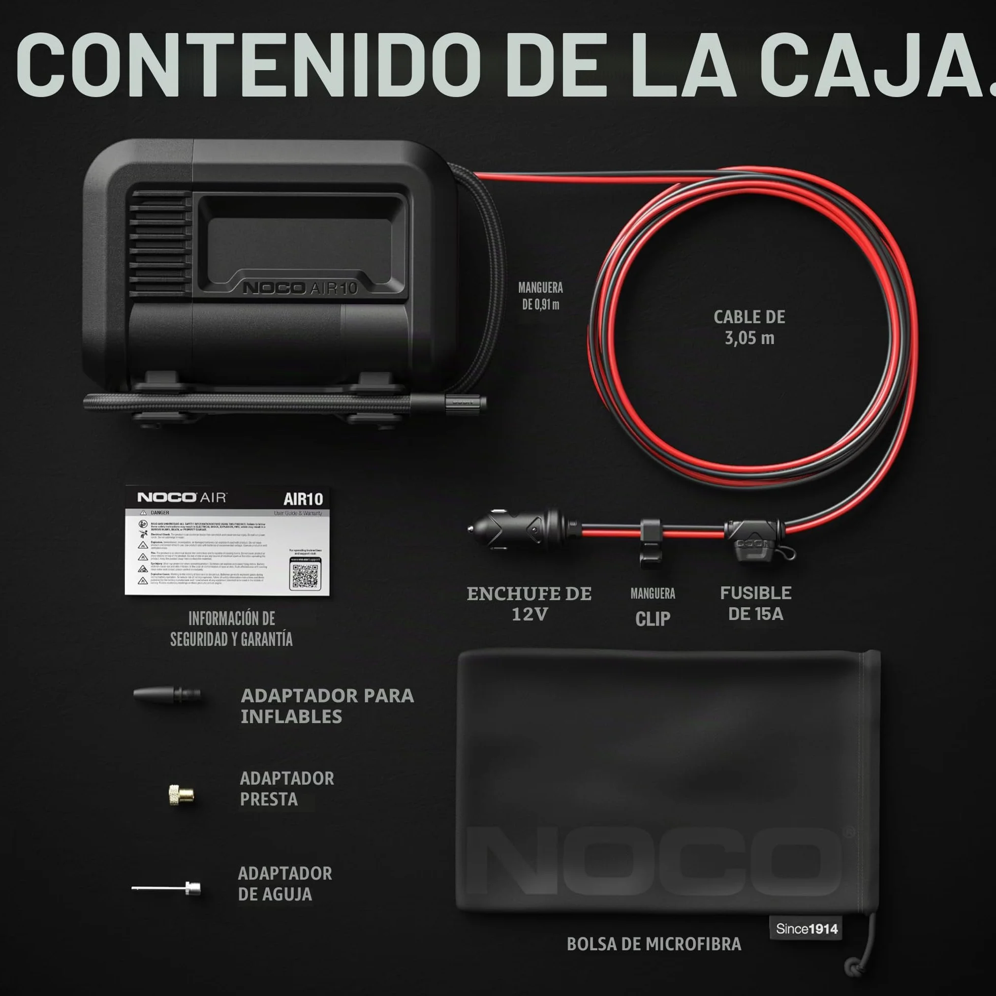 NOCO AIR10 Inflador de Neumáticos 10A Compresor de Aire Portátil 12V 36 SLPM 0-40 PSI Manómetro Digital Apagado Automático