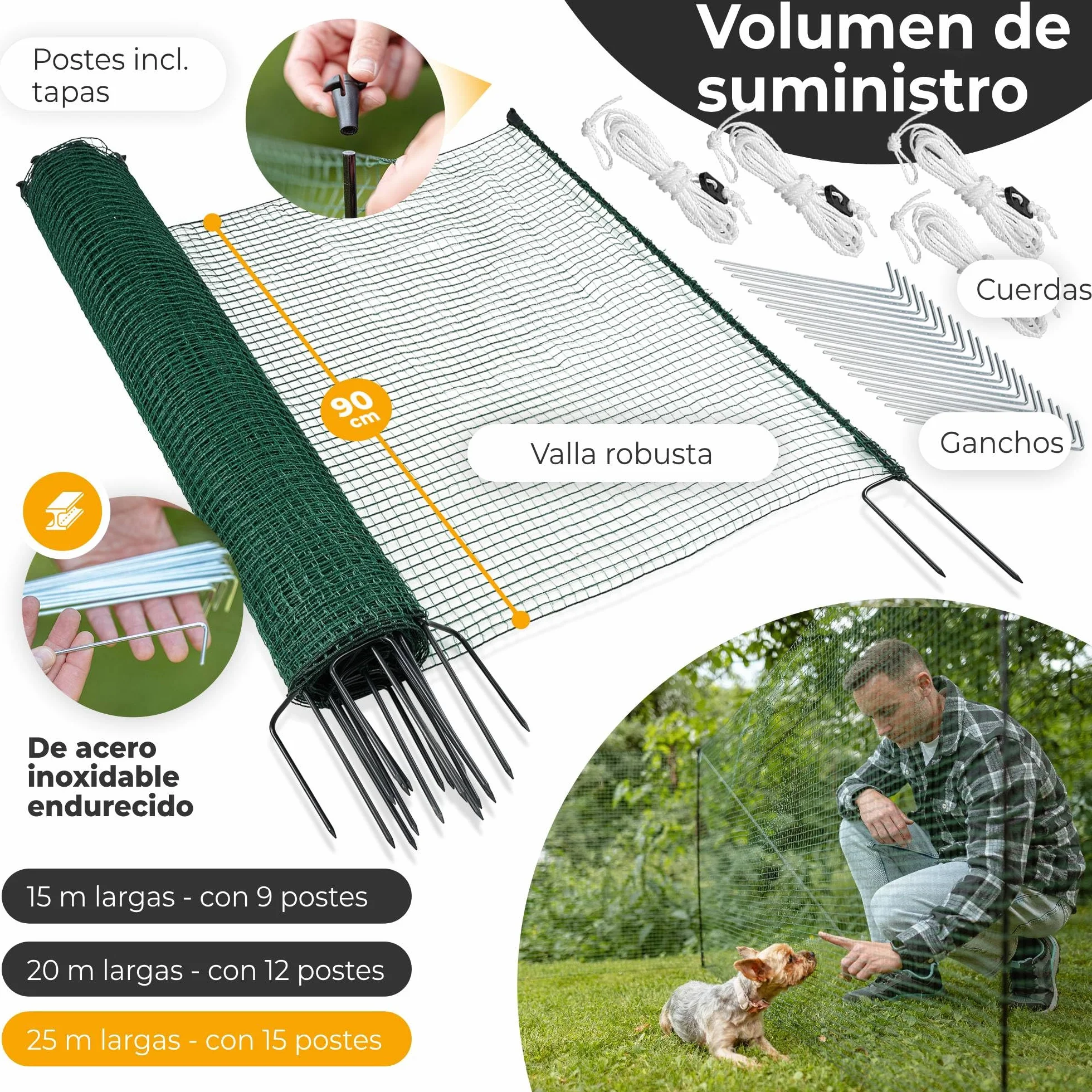 NATURIZ® Valla de perros y pollos en 15m / 20m / 25m x 90cm - malla plastico jardin, Extremadamente Estable, Sin Electricidad, Verde (25m)