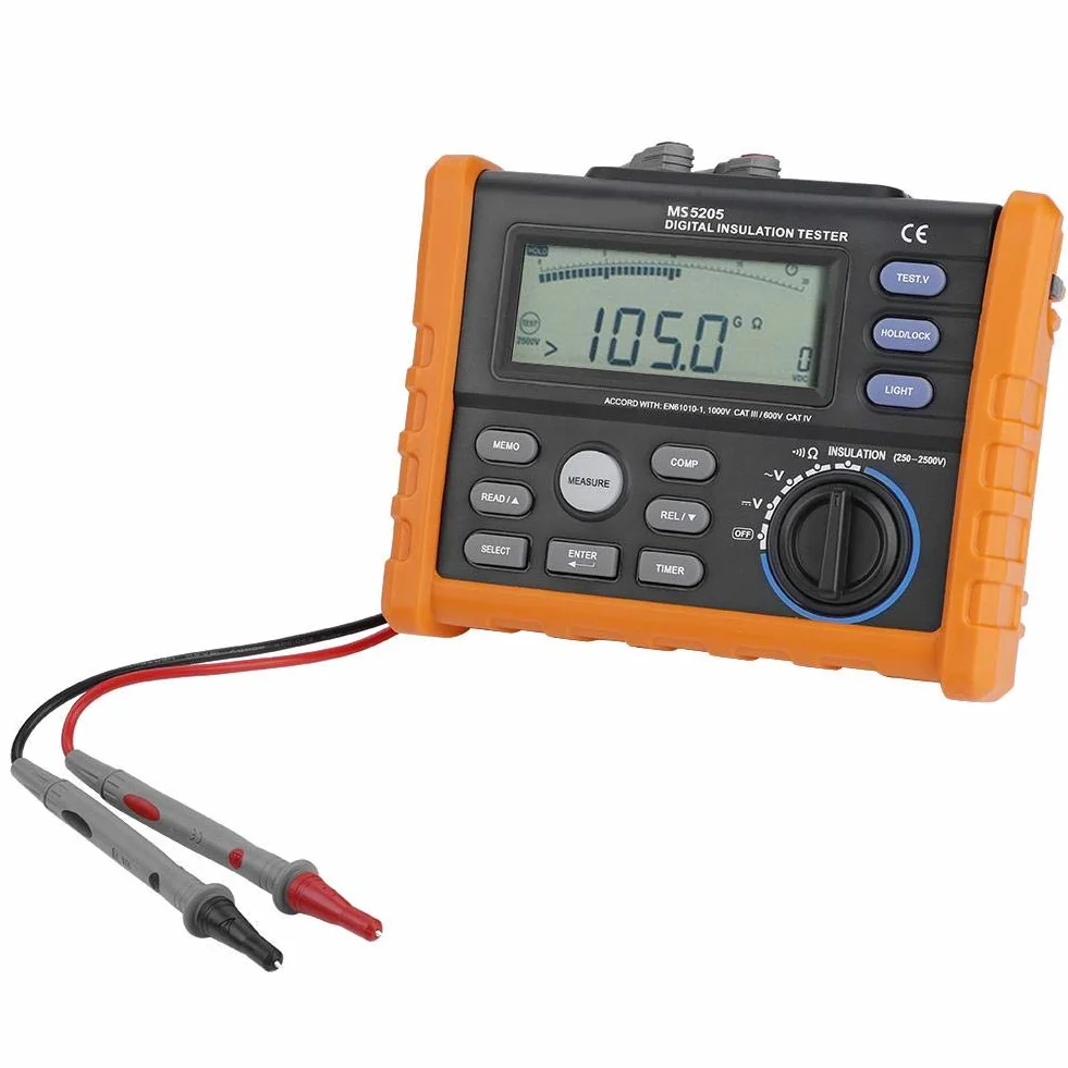 Probador de resistencia de aislamiento, PEAKMETER PM5205 Cálculo automático Medidor de voltaje CA y CC Probador de resistencia de tierra automático Megóhmetro Pantalla analógica digital 0.01MΩ-100GΩ 2