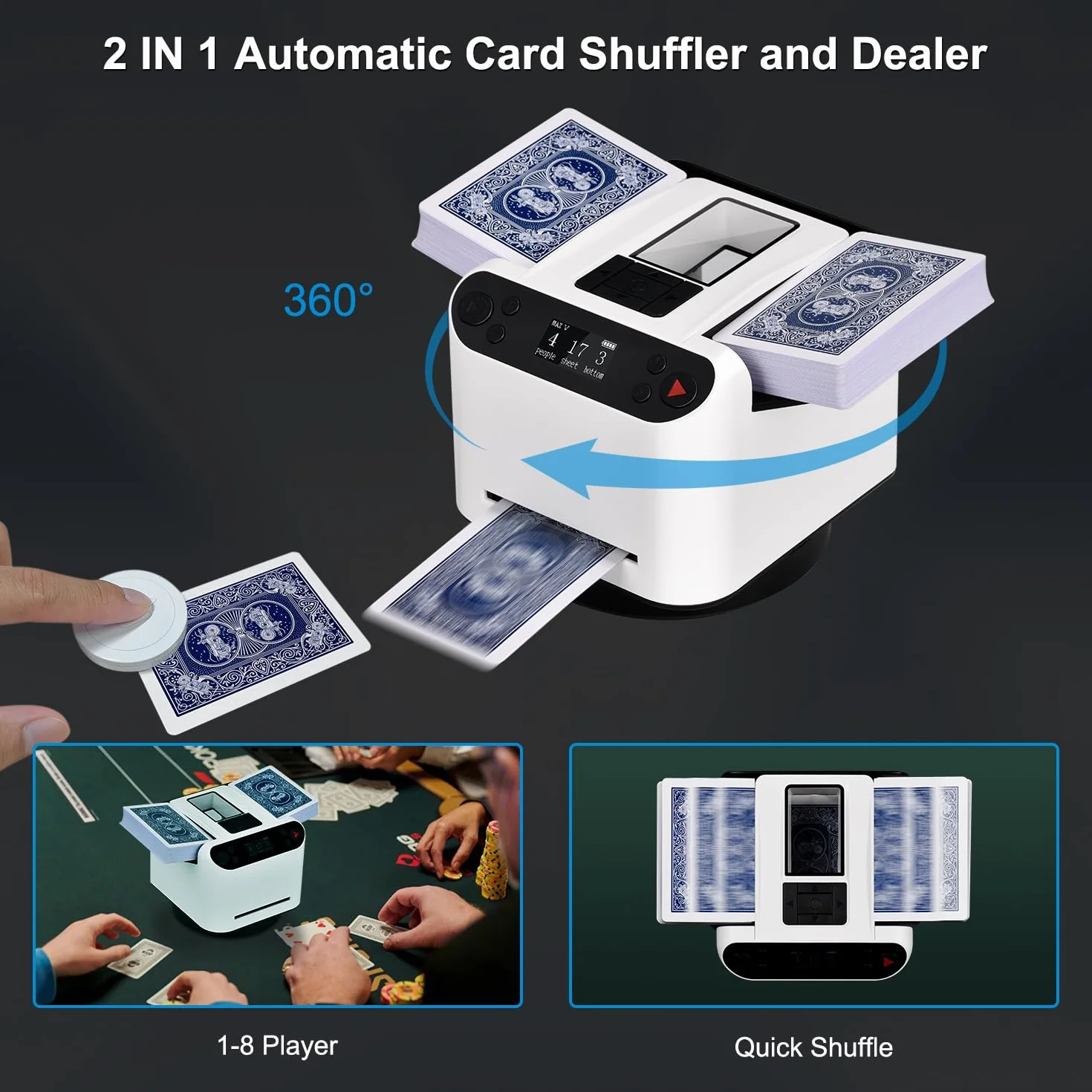 Apkezel Barajador de Cartas Automático 2 en 1, Mezclador y Repartidor 360° para Juegos de Cartas