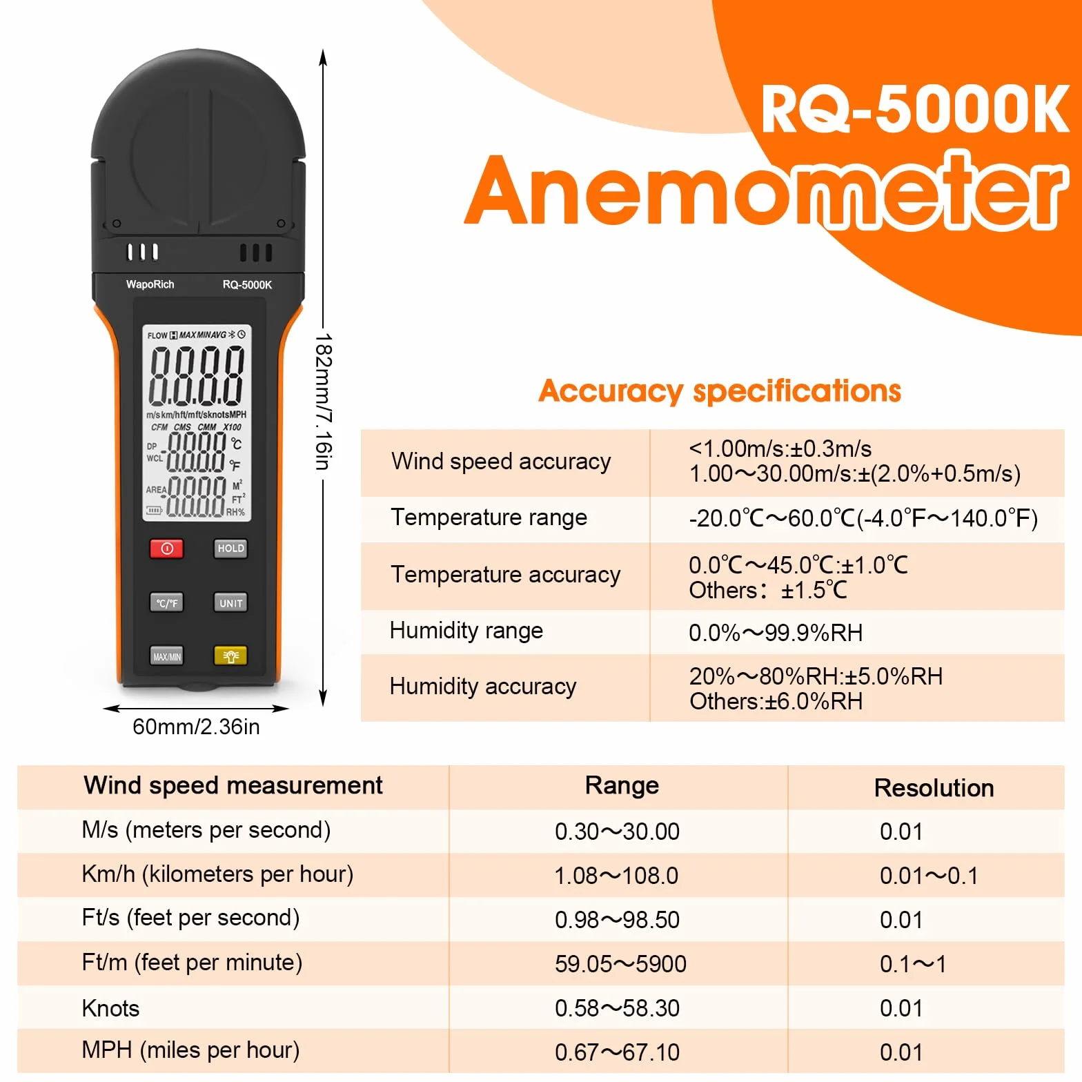 Anemómetro digital WapoRich RQ-5000K portátil medidor velocidad viento humedad temperatura MAX/MIN/AVG
