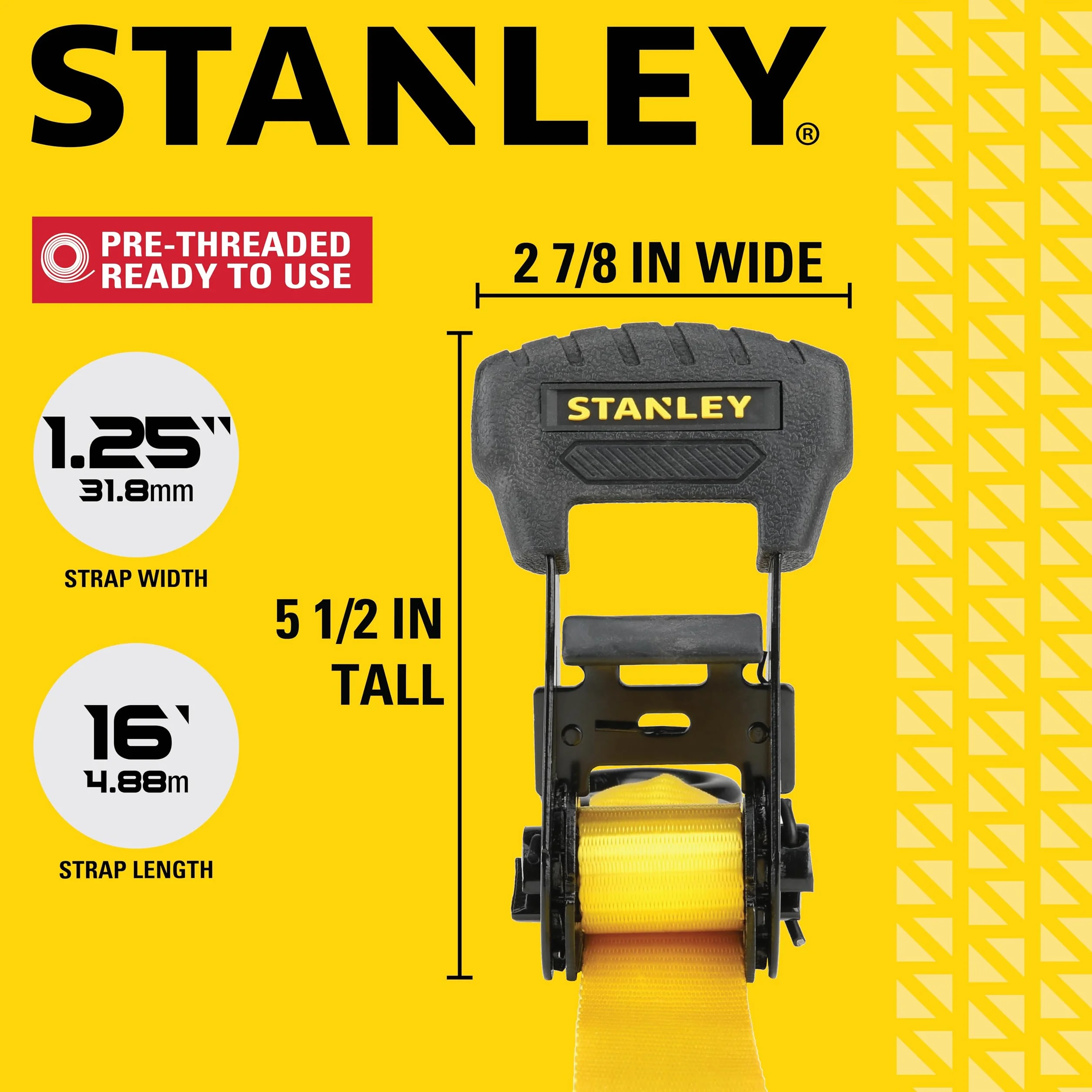 STANLEY S10204 Correas de trinquete preroscadas 1.25 Pulgadas x 16 pies Carga de Trabajo Segura 1 Libra Paquete de 4