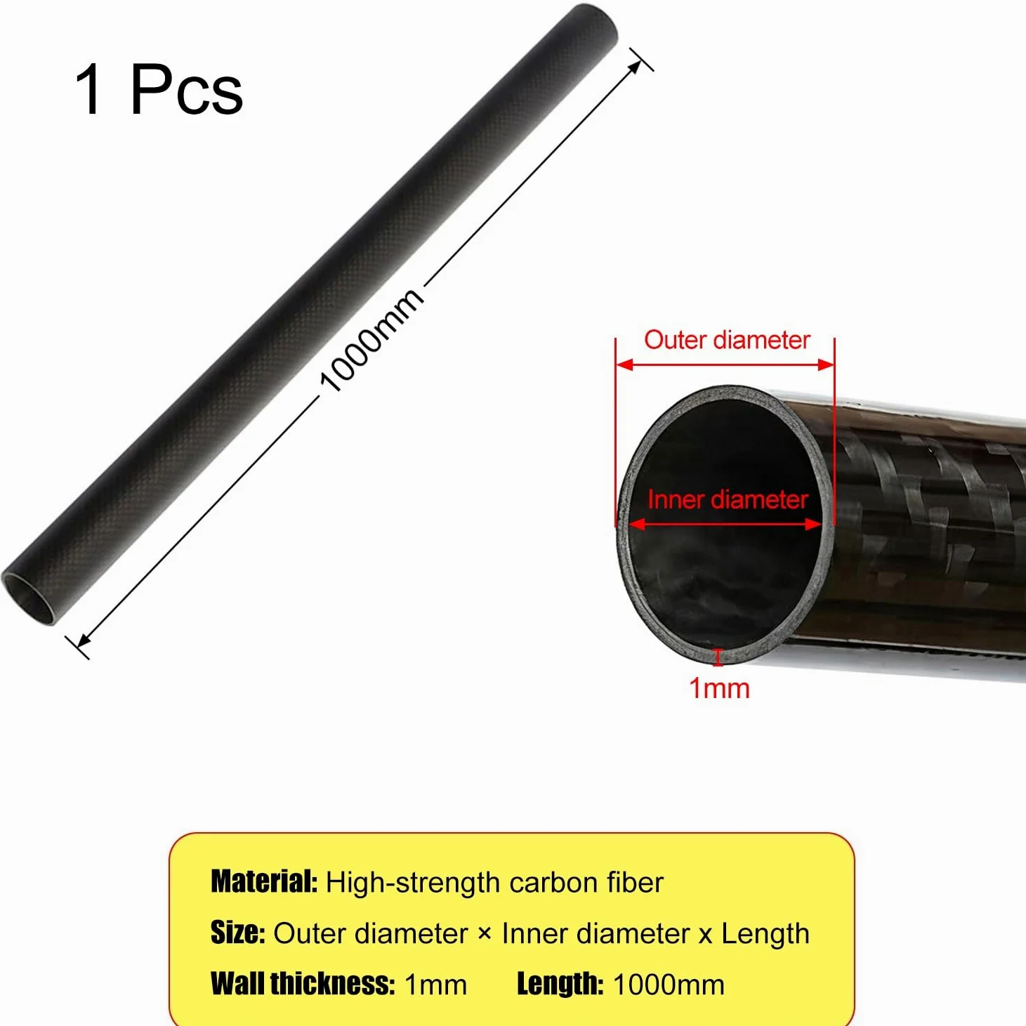Tubo de fibra de carbono, tubo rígido ligero para modelos aeroespaciales y drones, 1000 mm de largo, varios diámetros disponibles, construcción duradera para un mejor rendimiento