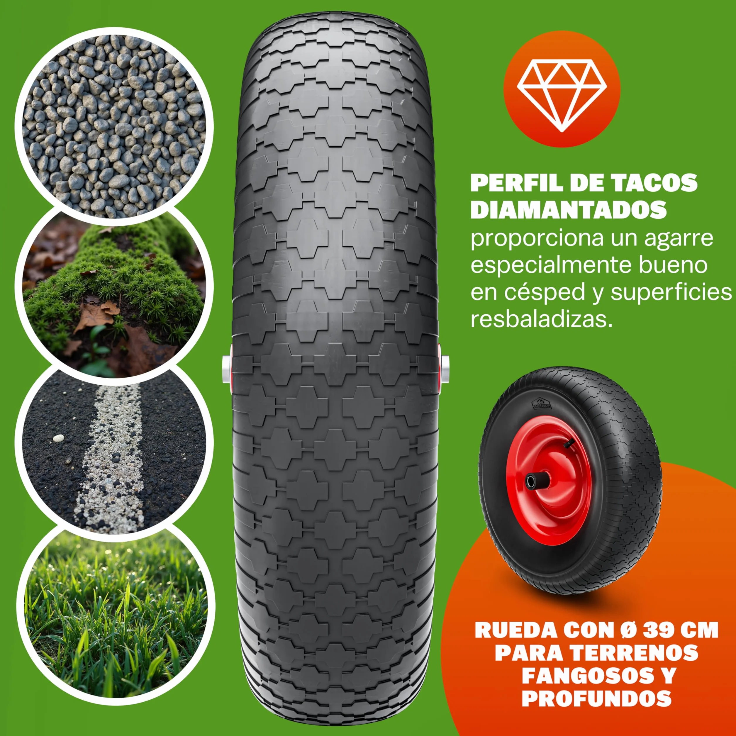 GARDEBRUK® Carretilla de Jardín 100L 250KG Llanta Acero Resistente Todoterreno