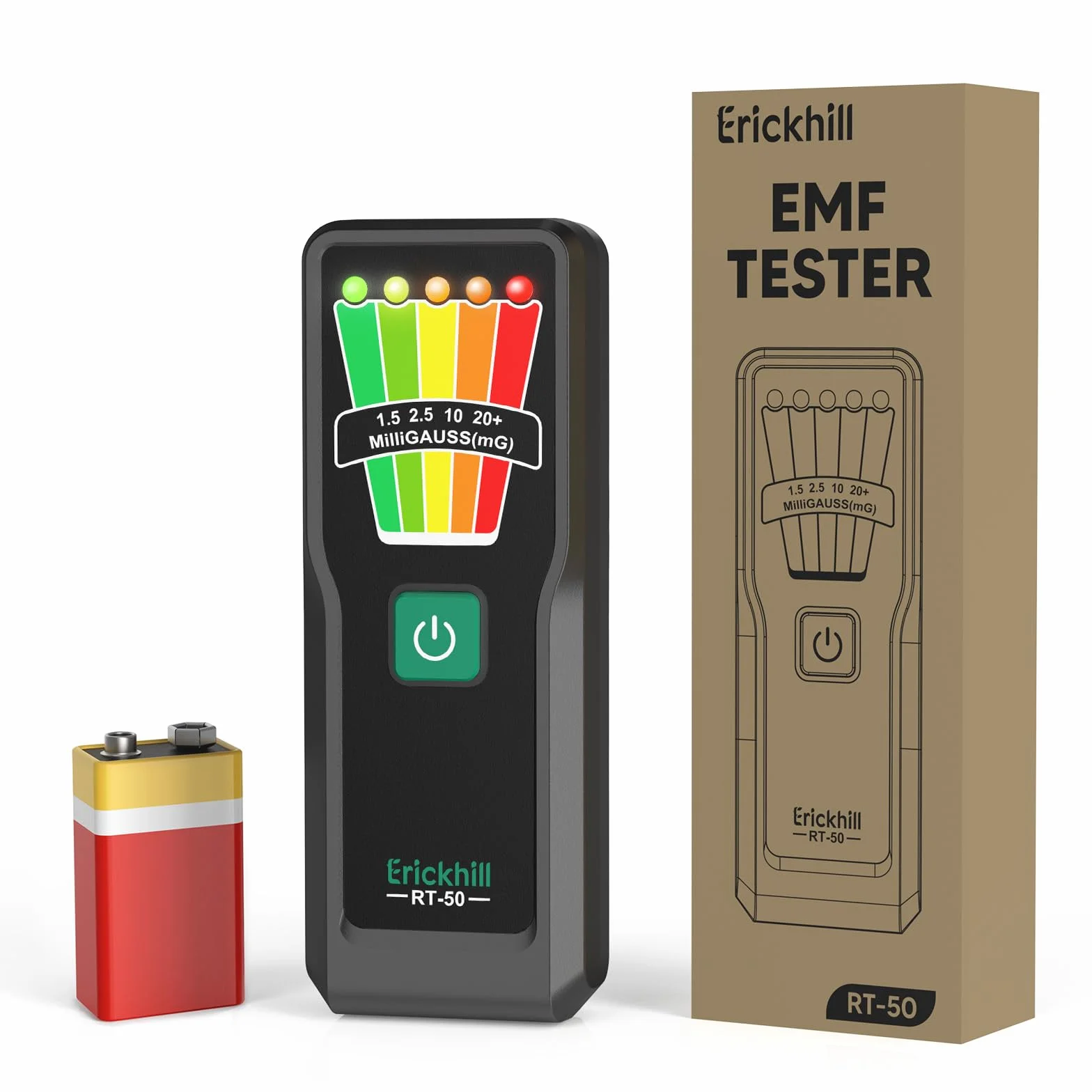 ERICKHILL EMF Medidor, Equipo de Caza de Fantasmas para Investigaciones Paranormales, Detecteur EMF Portátil 30Hz–20000Hz con 5 Niveles LED, Medidor de Radiación para Hogar, Oficina y Exteriores