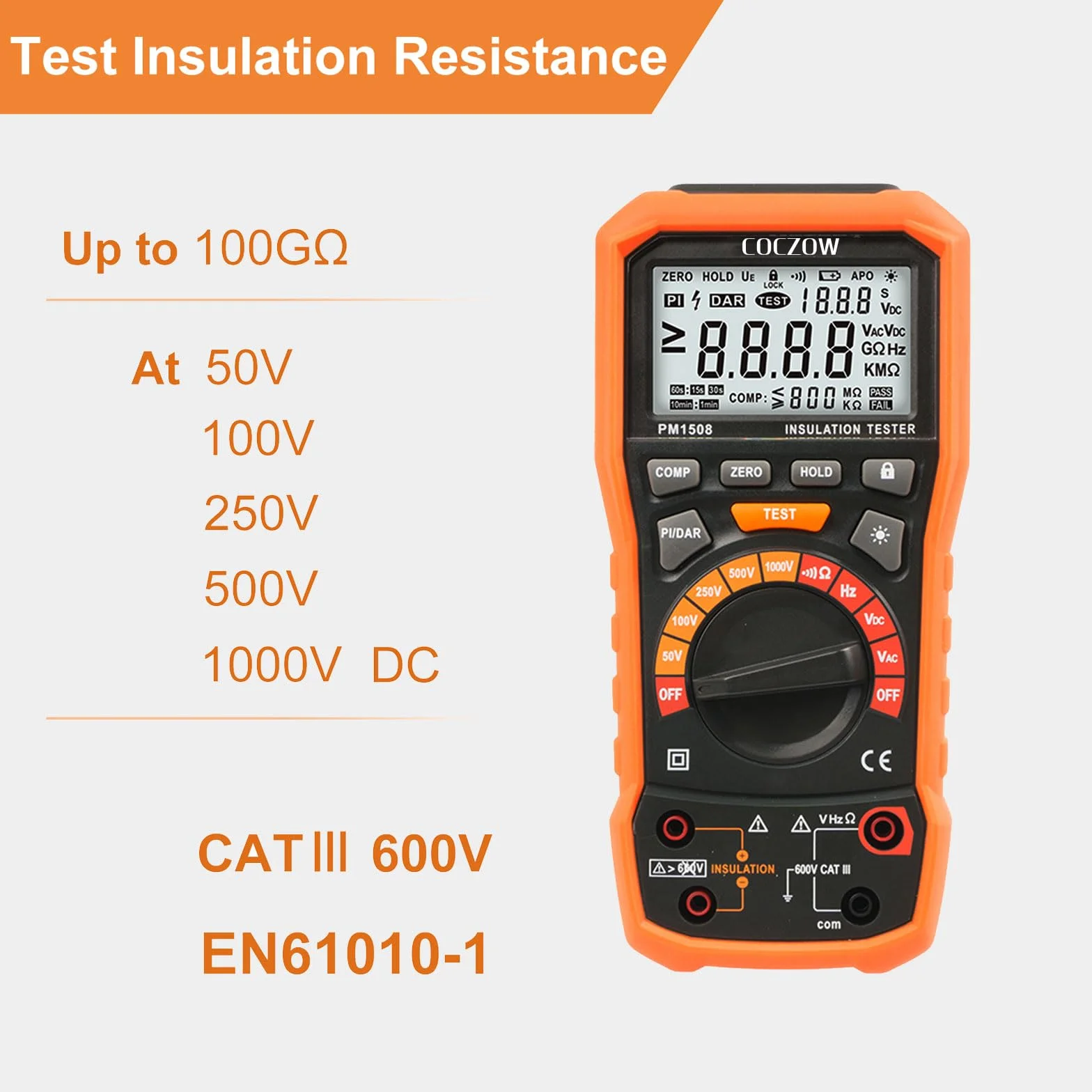 Comprobador Digital de Resistencia de Aislamiento 1000 V CA/CC Para Aparatos Eléctricos, Resistencia de Aislamiento de Hasta 100 GΩ, con PI/DAR, Prueba de Frecuencia y Baja Tensión, con Pantalla LCD