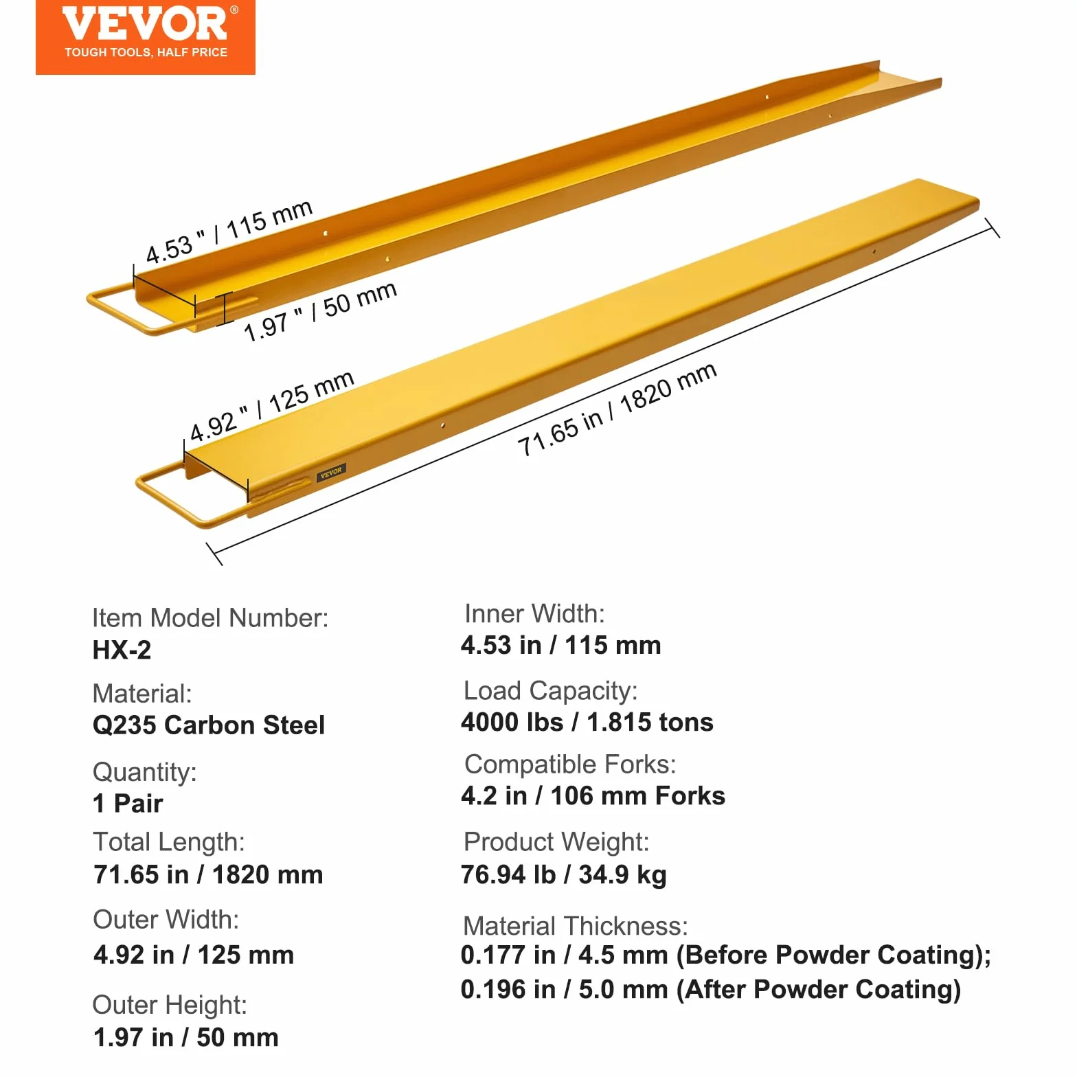 VEVOR Abrazadera de Horquillas de Tractor 1820x115 mm 1 Par de Acero al Carbono Abrazadera en Horquillas de Paletas Carga de 1815 T para Mover y Transportar Cargas Pesadas y Voluminosas, Amarillo