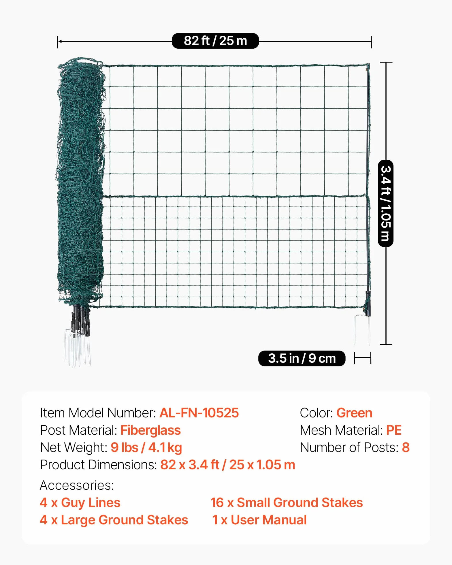 VEVOR Valla de Pollos y Perros, Malla de Protección para Jardines, Red Plástica de Seguridad Verde (25m×1.05m)