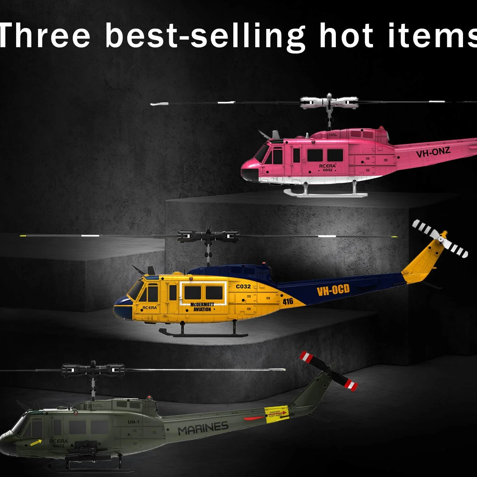 RC ERA C032 UH-1 Huey Helicóptero teledirigido para adultos 1/48 Escala 2.4G 6CH Gyro Stabilized Altitude Hold Optical Flow 3D Stunt Drone Rosa