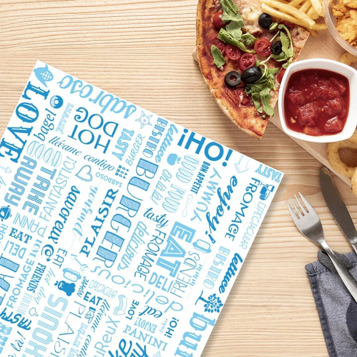 500 Piezas Papel Antigrasa Multicolor 30x20 cm - Hamburguesas, Kebab, Patrón Parole Naranja y Ajedrez