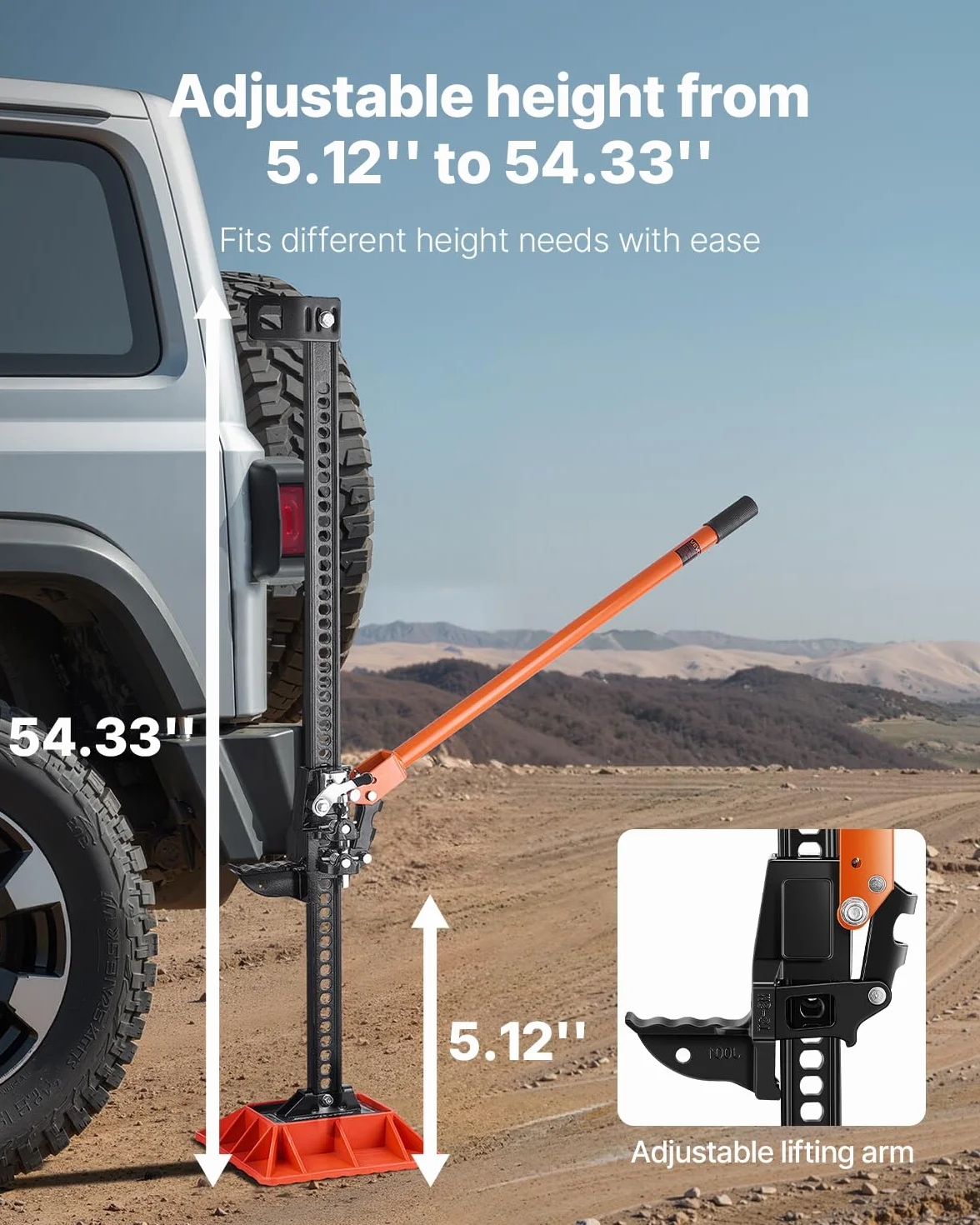 VEVOR Gato Agrícola con Base 153 cm con Elevación Alta y Trinquete Carga Máxima de 3,18 T para Uso Todoterreno de Alta Resistencia con Rango de Elevación de 130,1-1380 mm para Tractor, Camión, SUV