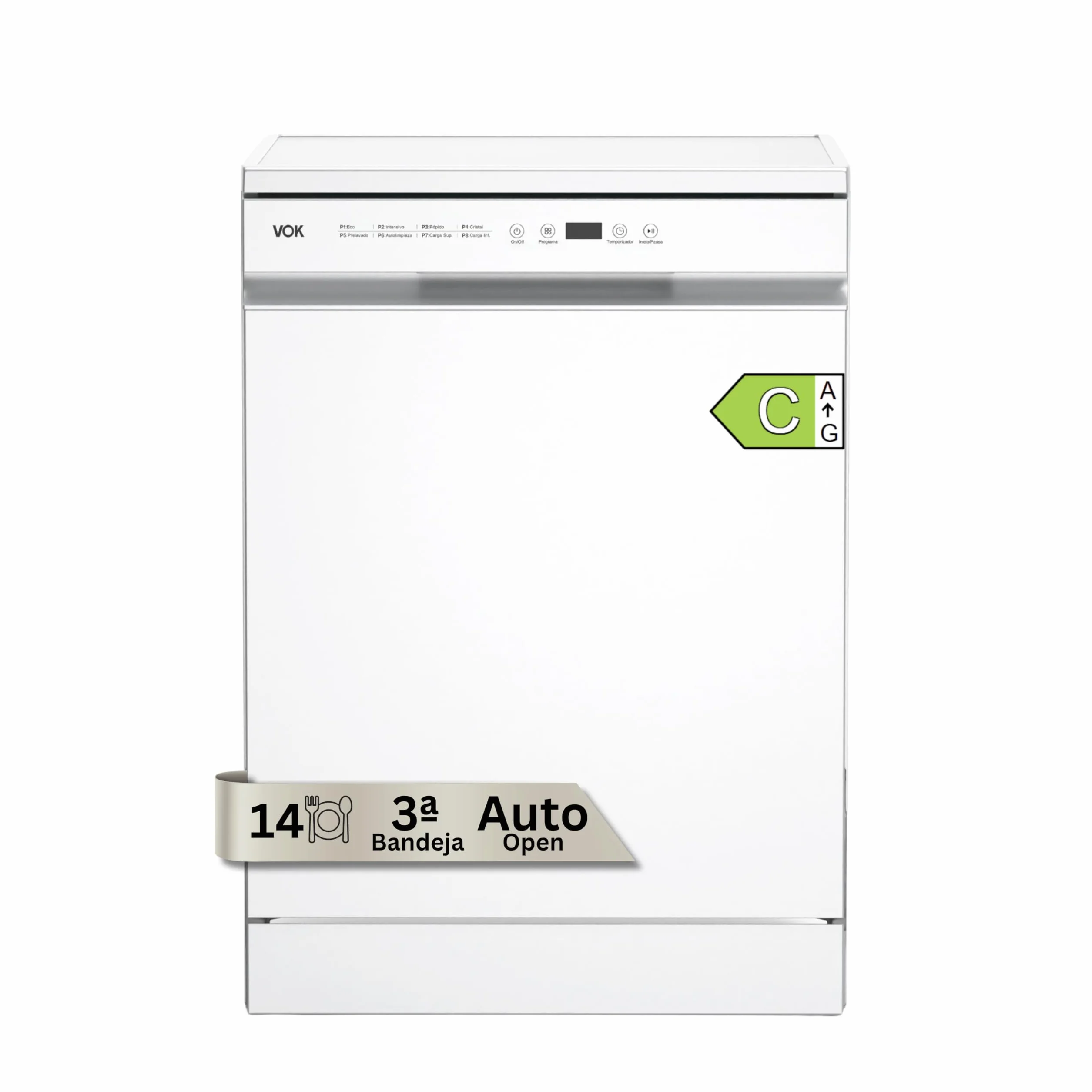 VOK Lavavajillas 60 cm 14 Cubiertos 8 Programas 47 dB Silencioso Clase C 3ª Bandeja Apertura Automática Blanco