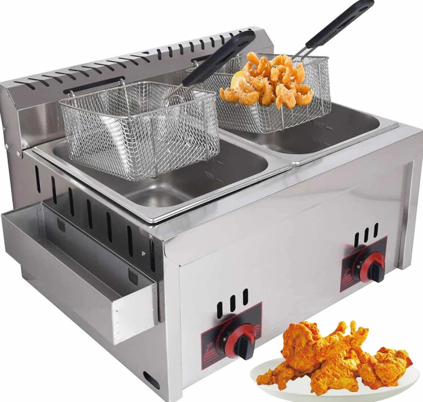 Freidora de gas de acero inoxidable de alta calidad, freidora de GLP de alta capacidad para uso doméstico y comercial, potencia de fuego ajustable, incluye cestas y tapas, perfecta para patatas