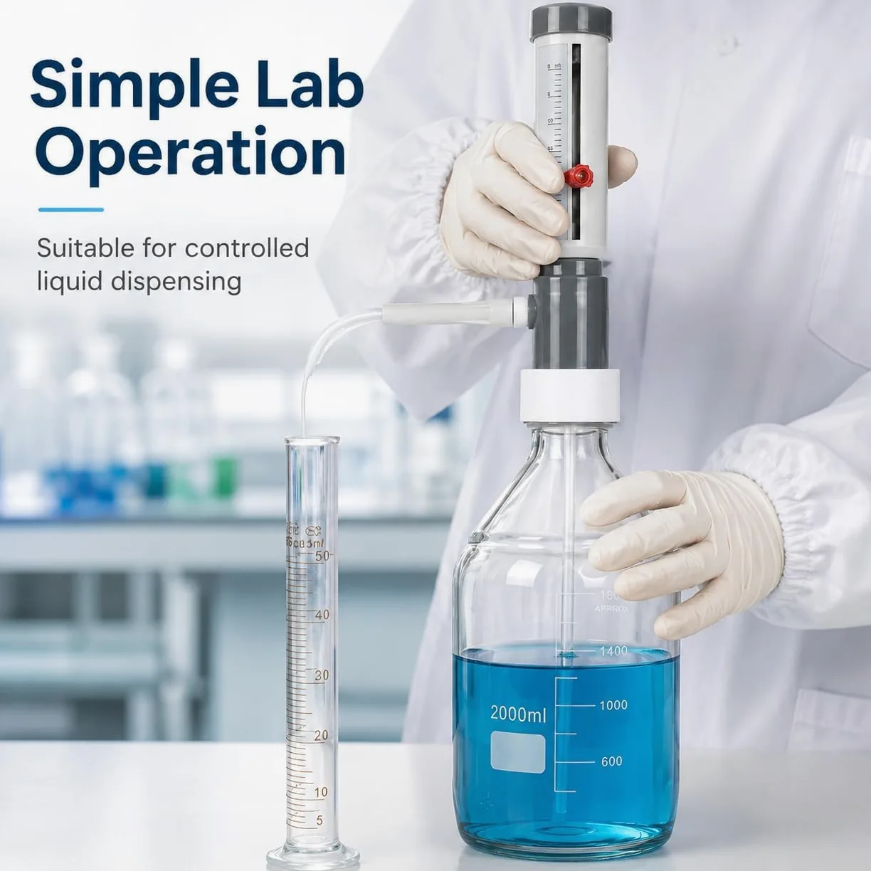 Dispensador de botella resistente a los químicos, volumen ajustable para ácidos, bases y reactivos de laboratorio, perfecto para uso en laboratorio