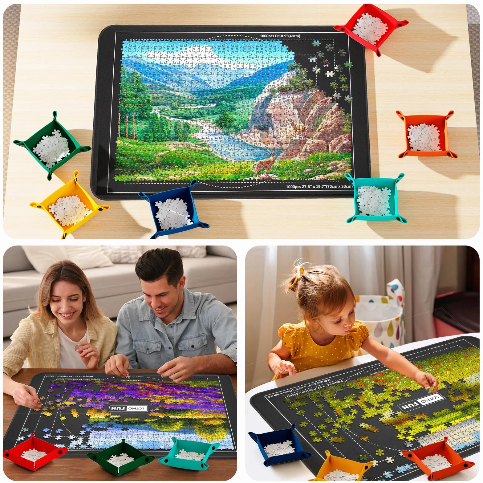 Tablero para Puzzle 1000 Piezas, Tapete Antideslizante con 6 Bandejas y Cubierta Antipolvo