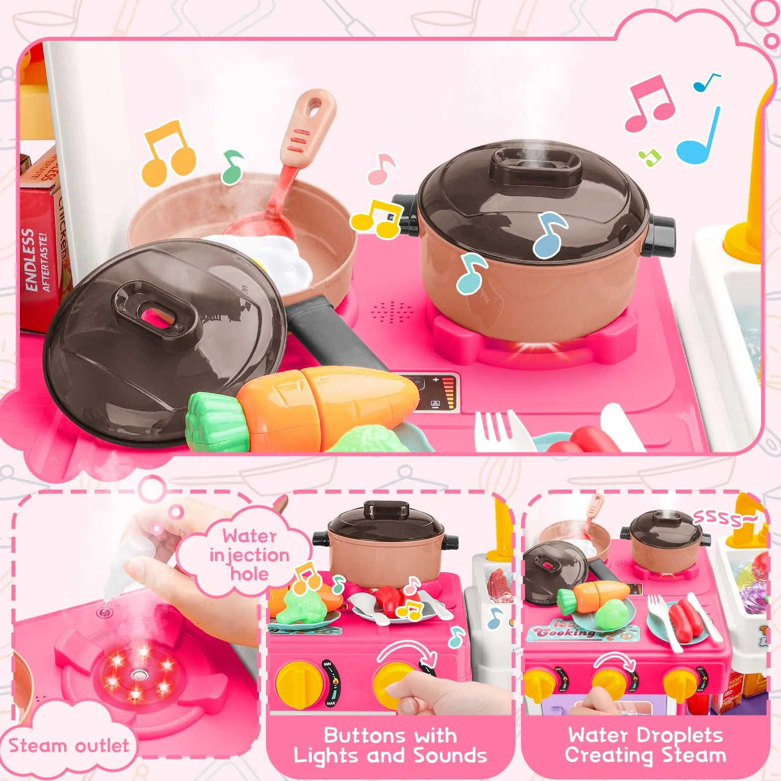 deAO Cocina de Juguete Infantil 54PCS con Utensilios, Estufa, Fregadero, Sonido y Luz, Tres Alturas Ajustables Rosa