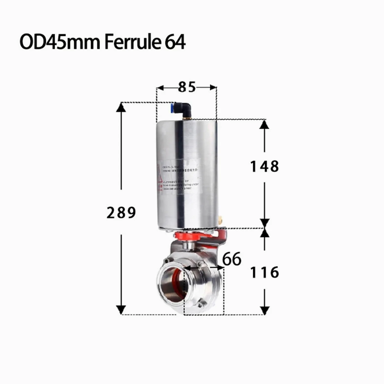 Válvula de mariposa Tri Clamp de 1,5” y 2” con actuador neumático, válvula de mariposa de simple efecto(OD45mm Ferrule 64,SUS316L)