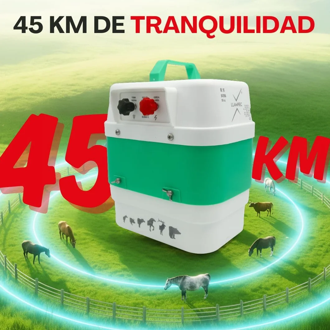 Pastor eléctrico Llampec Mod.16 con batería 12V – 4 J, 9.500 V y 40 km de alcance – Ideal para ganado equino, vacuno, porcino, ovino y animales salvajes – Batería y panel solar no incluidos