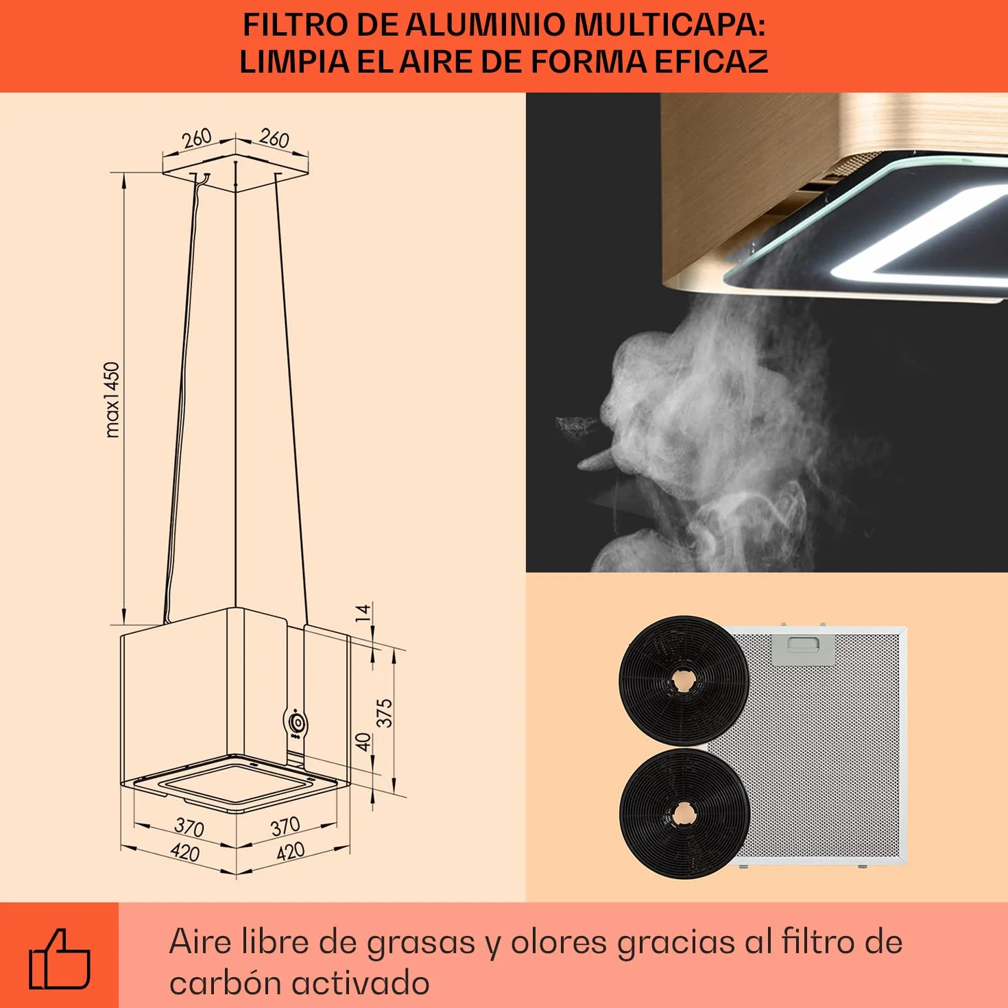 Klarstein Futurelight Smart Campana Extractora de Isla 420m³/h Acero Inoxidable Dorado