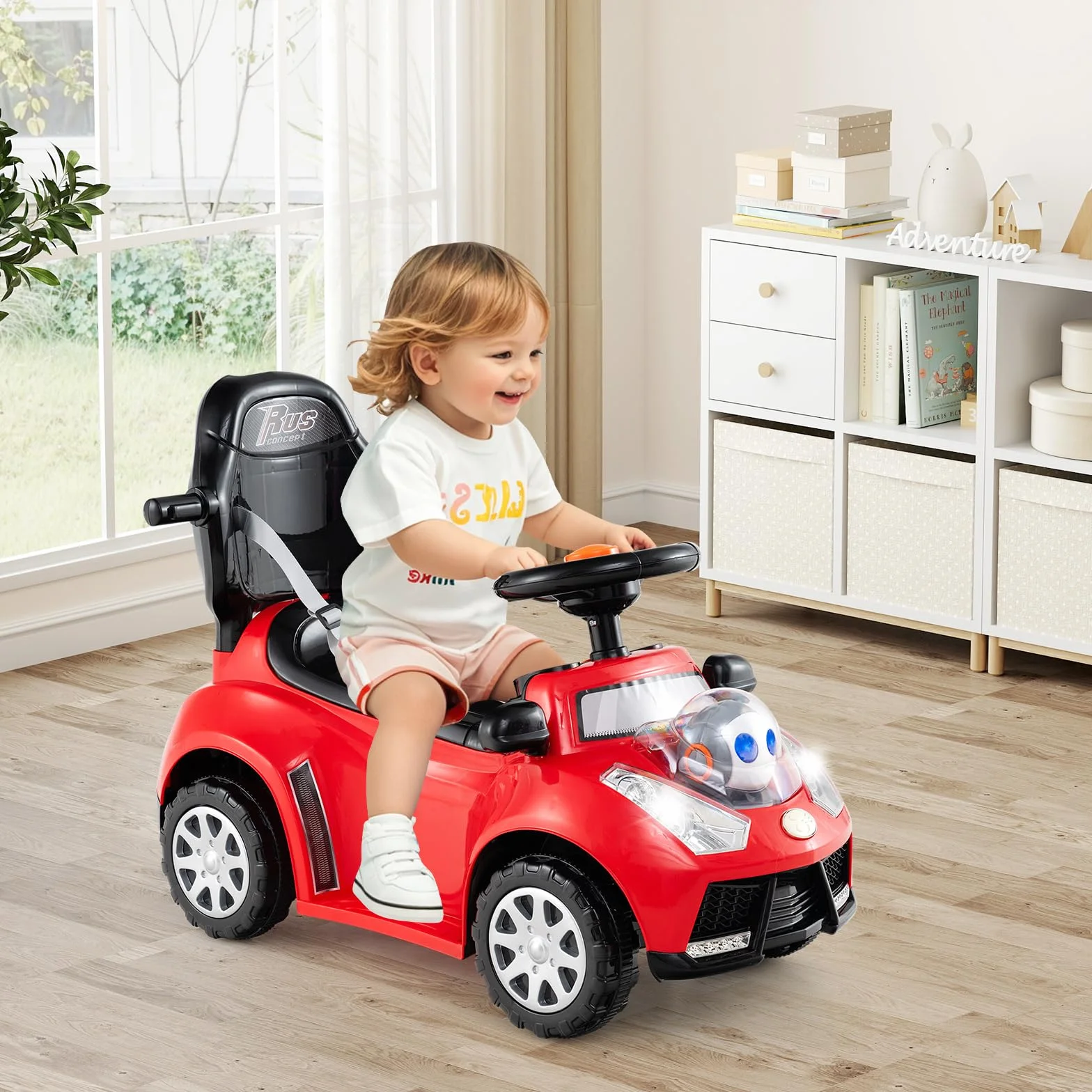 COSTWAY Coche Correpasillo 3 en 1 para Niños, Coche Empujable con Manillar, Bocina, Música, Luz y Cinturón de Seguridad, Juguete de Montar con Almacenaje y Manillar Parental (Rojo)