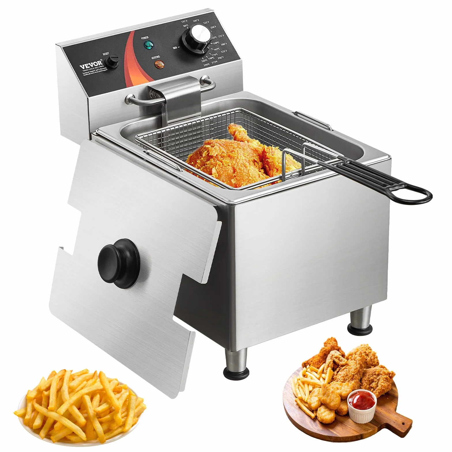 VEVOR Freidora Eléctrica Comercial de Encimera 3100 W con Cesta, Patas Regulables en Altura, Individual en Acero Inoxidable 11,5 L, Control de Temperatura, Uso en Restaurantes, 275 x 415 x 370 mm