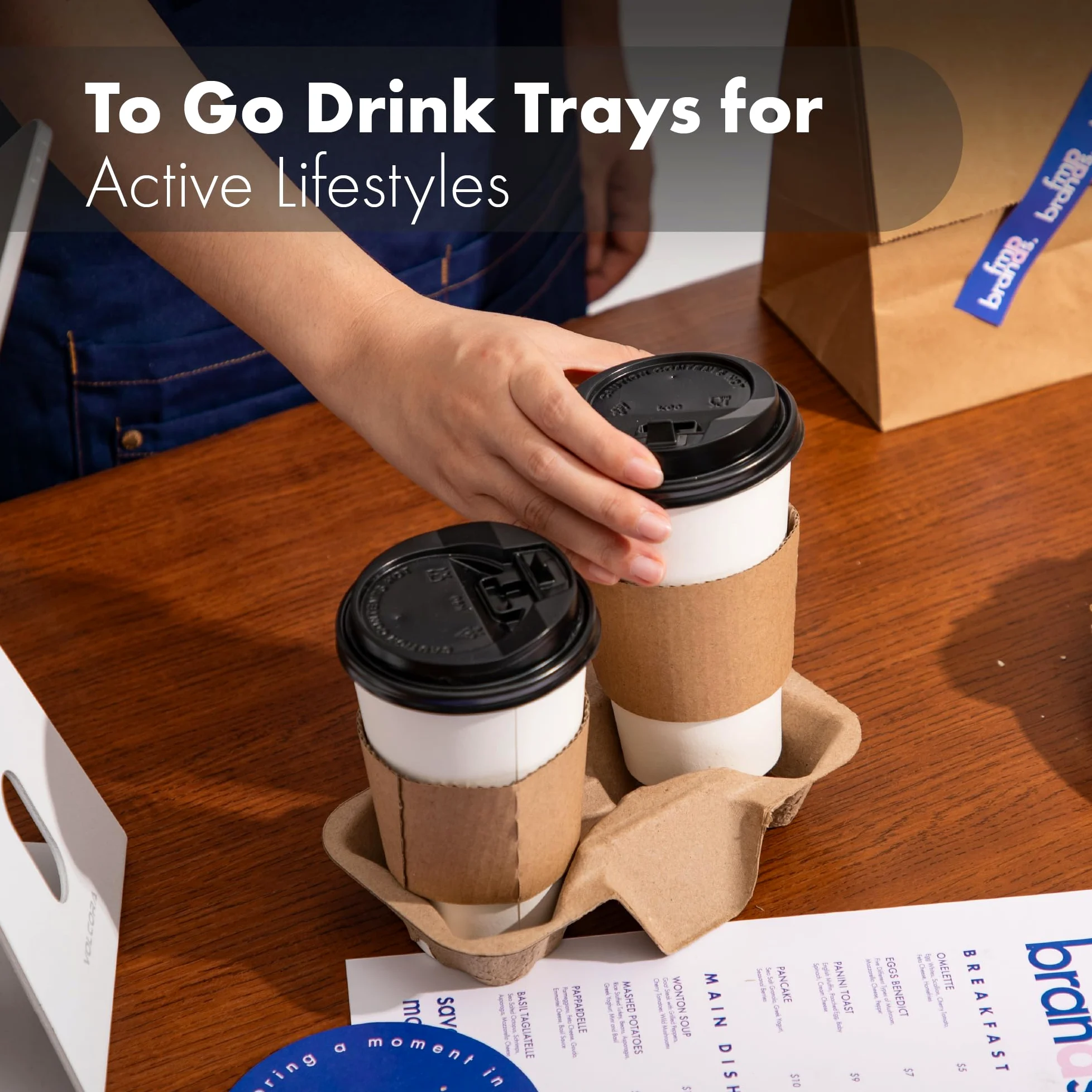 [Paquete de 100] Bandeja portadora de bebidas de fibra de pulpa biodegradable, contenedor de 2 tazas, compostable, apilable, ecológico, soporte de transporte para bebidas calientes y frías