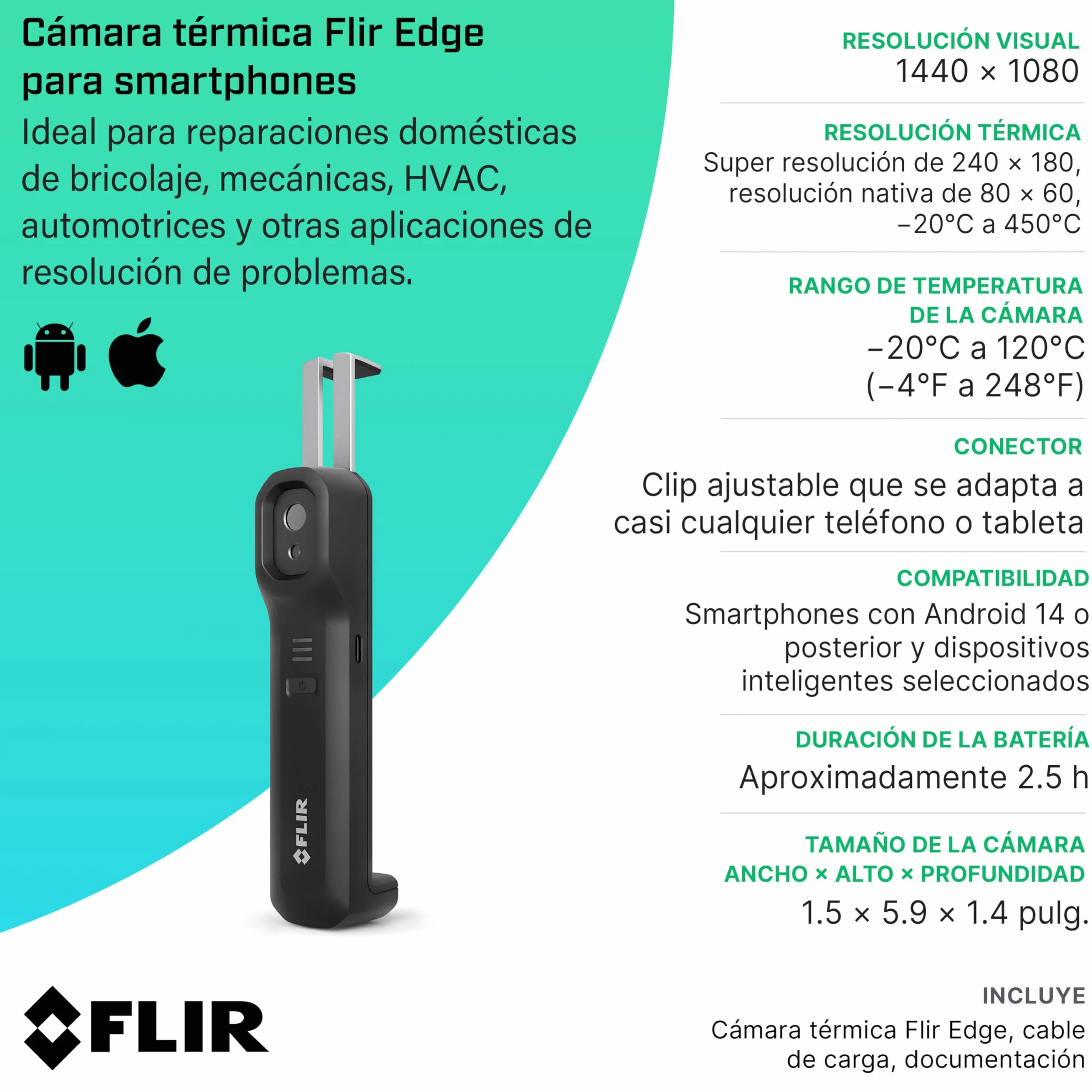 FLIR Edge - Cámara termográfica inalámbrica Bluetooth para teléfonos Inteligentes, Compatible con Todos los Dispositivos iOS y Android: Úsela para inspección de viviendas, HVAC, automotriz y más