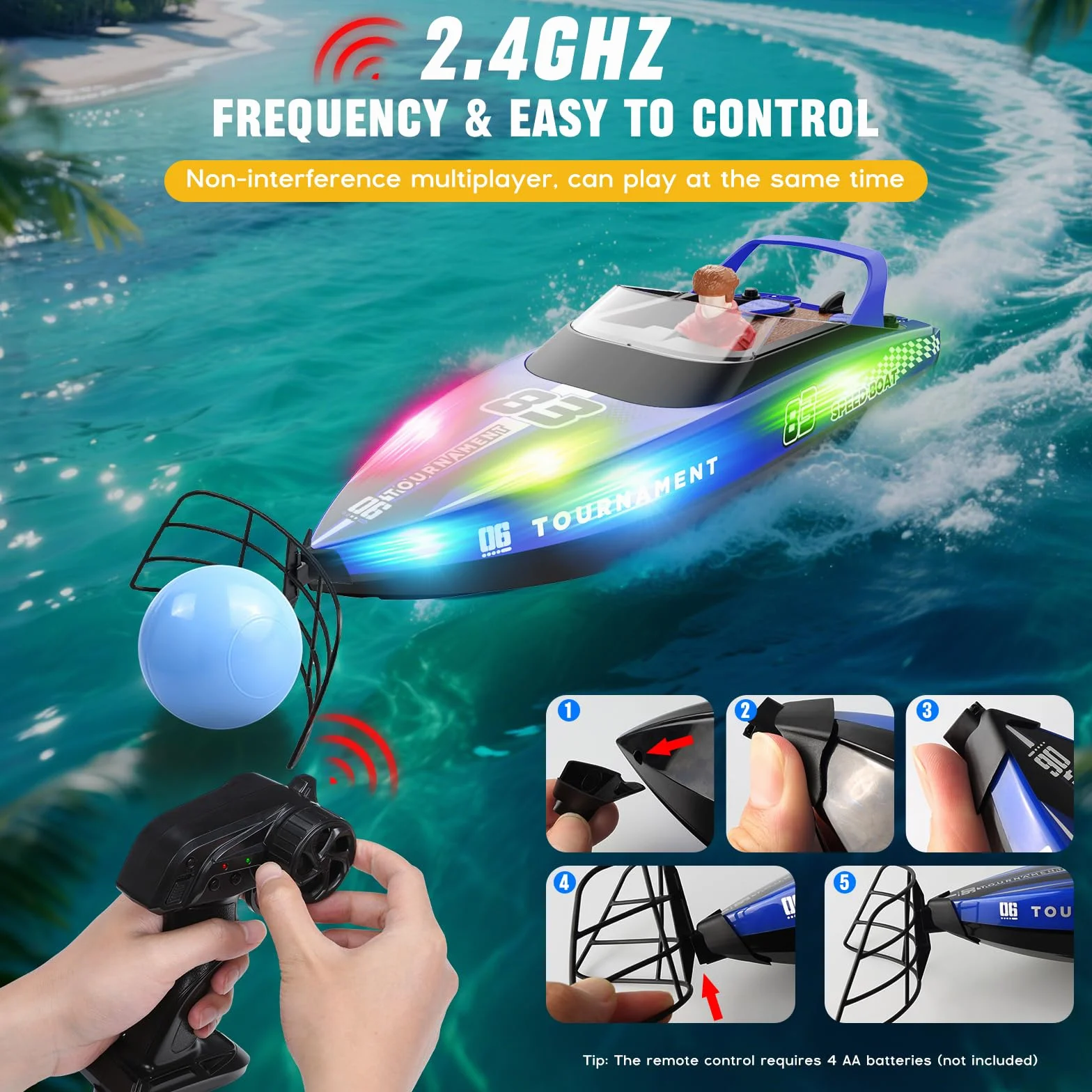 Barco Teledirigido RC con Bola Flotante y Luz LED 15 KM/H 2,4 GHz Barcos de Carreras Rápido para Niños Juguete de Piscina