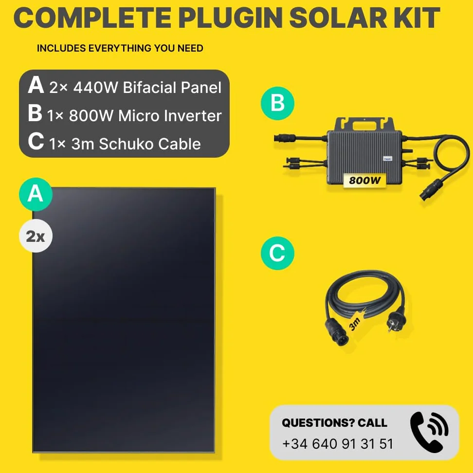 ROBINSUN® Kit Solar Enchufable Performance Basic (Sin Fijación) 880 Wp, 2 paneles QN 440Wp + 1 Microinversor 800W con Wifi incluído + Cable 3m