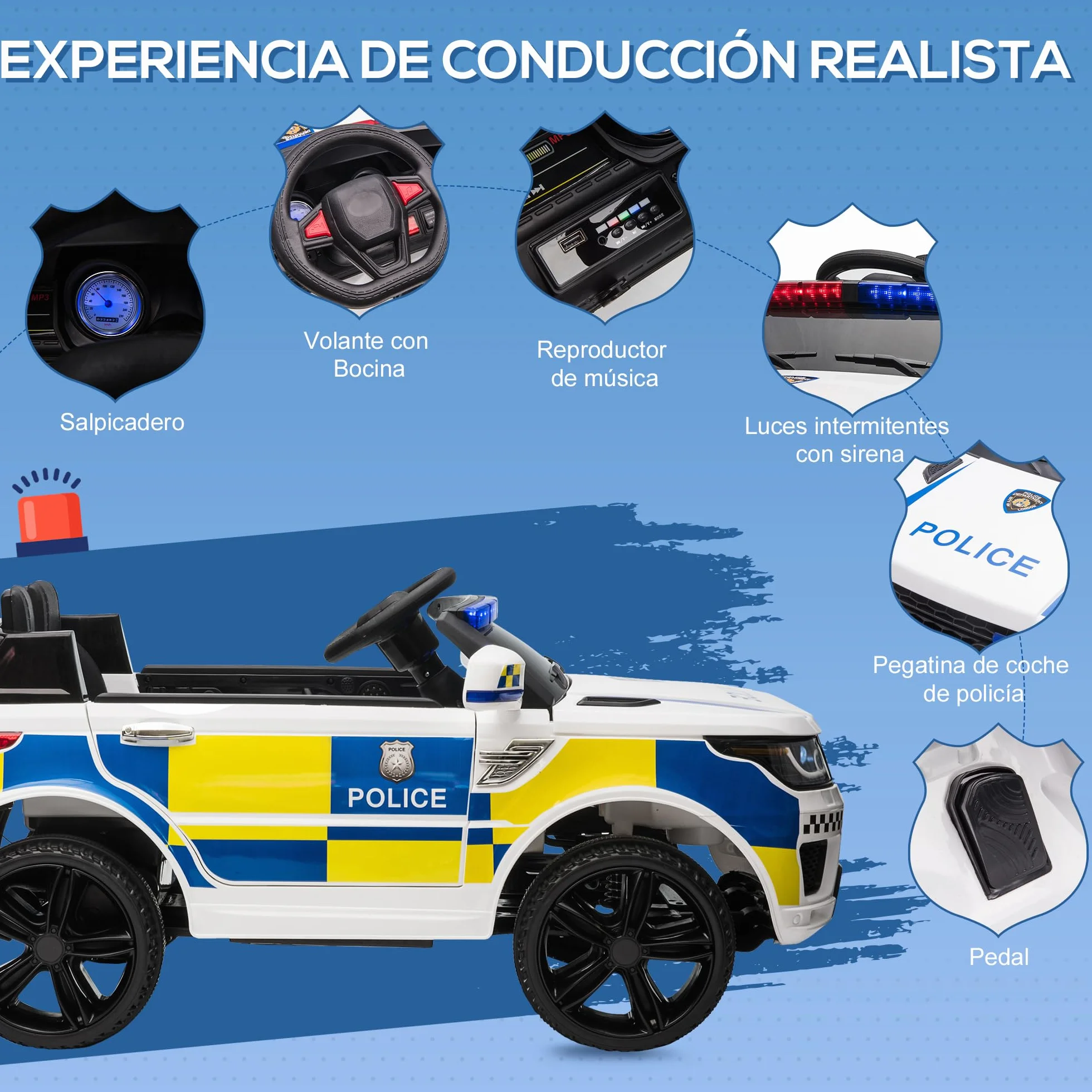 HOMCOM Coche Eléctrico Infantil de Policía 12V con Suspensión Muelle Mando a Distancia Bluetooth USB Sirena Blanco