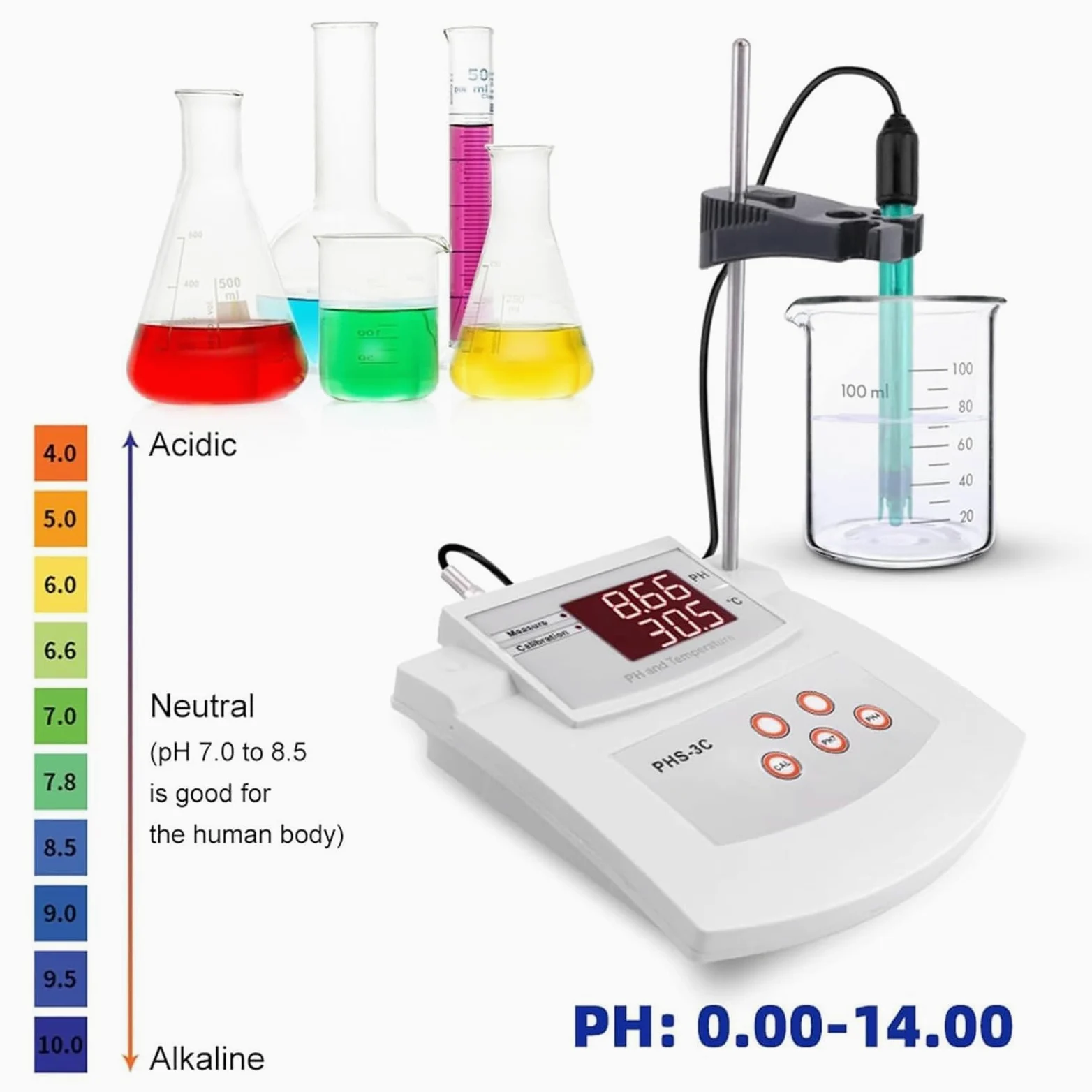 Probador digital de temperatura y pH de escritorio | Calibración automática de 2 puntos y compensación automática de temperatura, precisión de pH de ±0,01 for pruebas ambientales