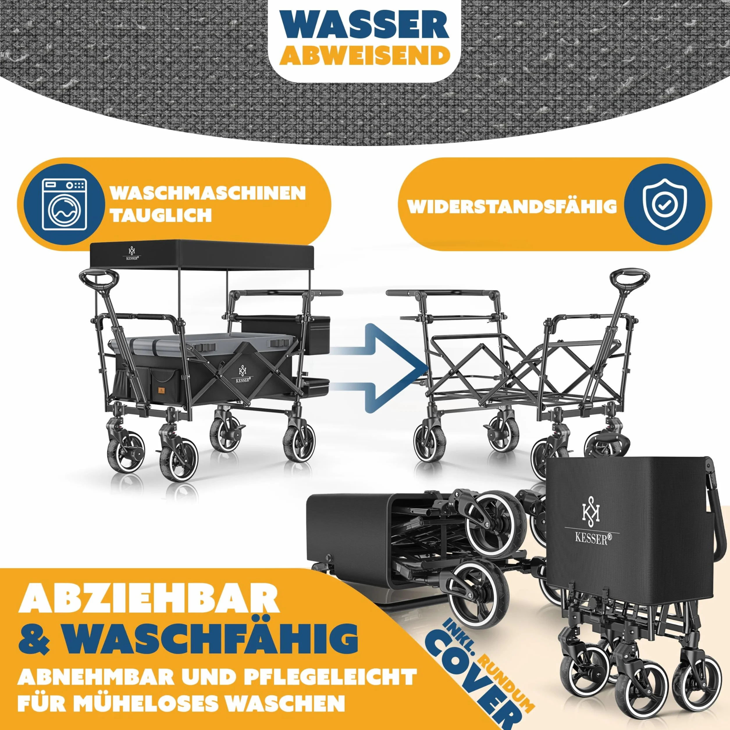 KESSER Carro plegable GTS-9100 con techo, carro de transporte, plegable, soporta hasta 150 kg, con ruedas de goma dura y frenos de estacionamiento delantero/trasero, incluye cerradura, cubierta, clima