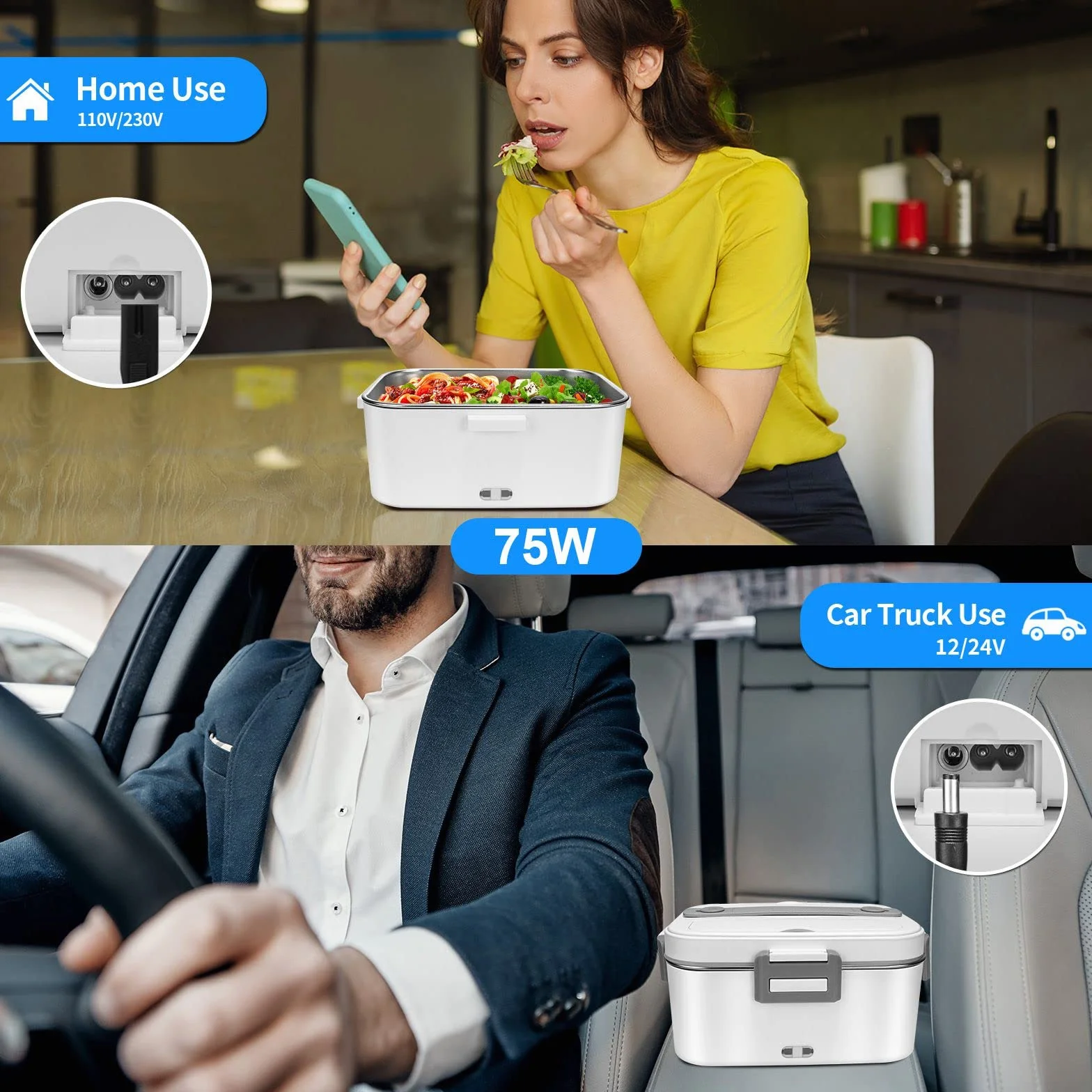 Anykuu Fiambrera Eléctrica 1.8L 75W 12V/24V/220V Portátil Aquecedor de Alimentos