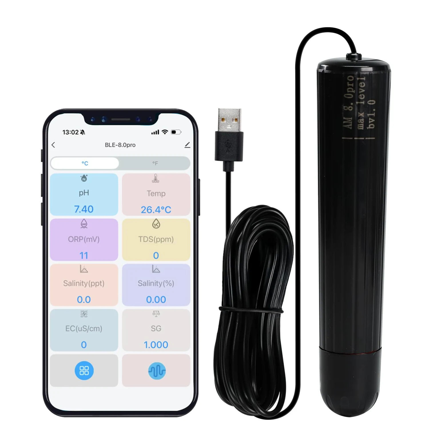 Probador de calidad del agua 7 en 1 WiFi sonda de acuario monitor de agua para pH, temperatura, TDS, salinidad, EC, ORP, S.G con alertas en tiempo real a través de la aplicación para peceras