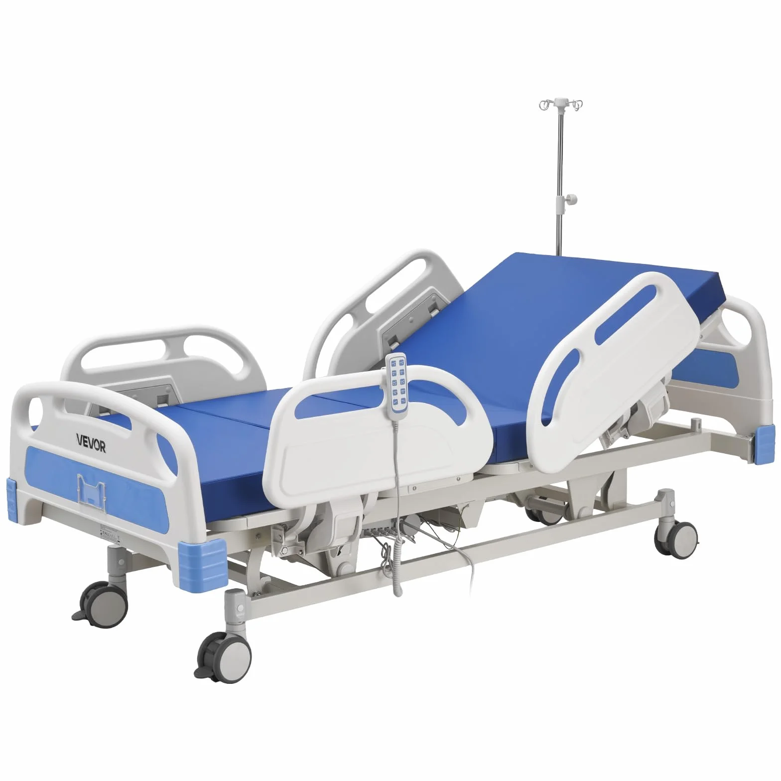 VEVOR Cama de Hospital Eléctrica de 5 Funciones con Trendelenburg y Ruedas con Bloqueo, Cama Médica con Colchón de Alta Densidad para Hospitalización Doméstica, Carga de 250 kg, 213 x 106 x 45-75 cm