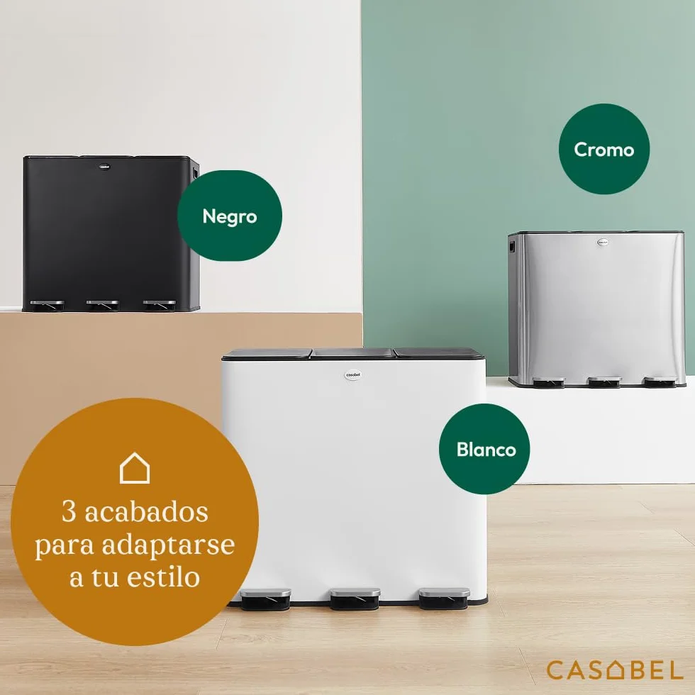CASABEL Cubos de Basura de Reciclaje 60 L, Sistema de Basura Reciclaje 3 x 20 L Acero Inoxidable, Cubo con Pedal, Antihuellas y Antiolores, blanco